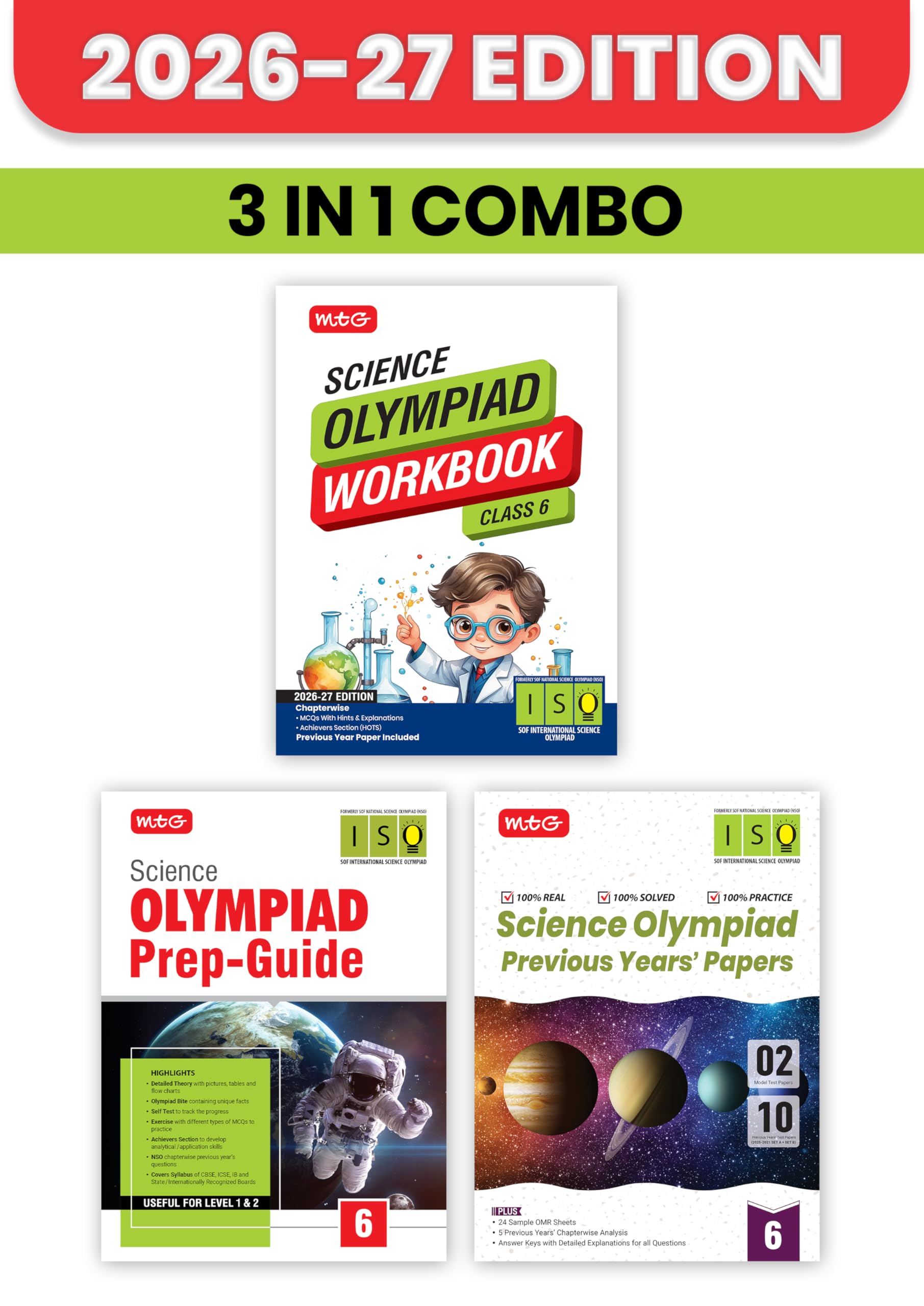 MTG Science Olympiad (ISO) Workbook, Prep Guide & Previous Years Papers Class 6 (PYQs) with Mock Test Paper - SOF Olympiad Books For 2026-27 Exam (Set of 3 Books)