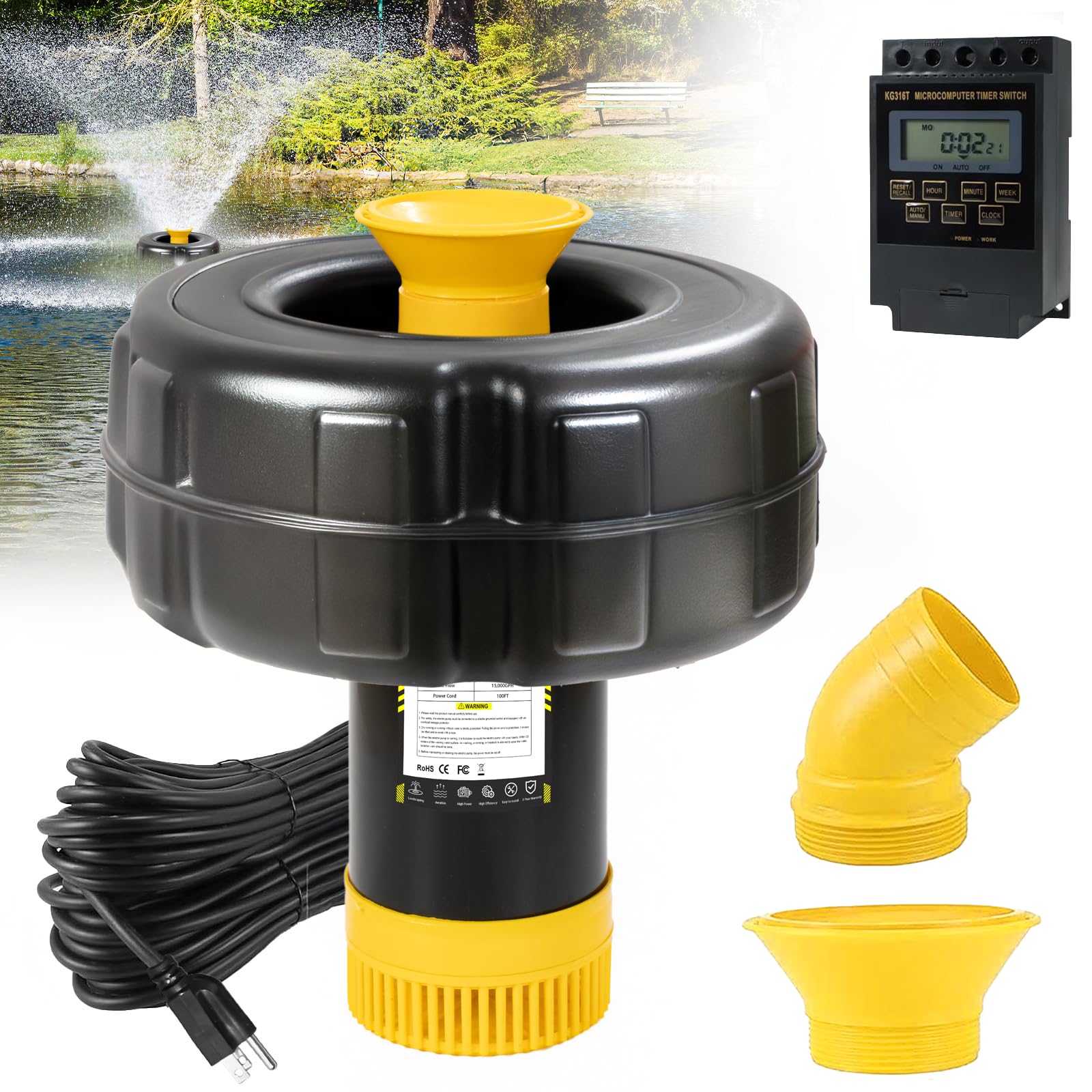 Pond Fountain Aerator, 1HP 15000 GPH Floating Aerating Fountain Pump with Timer & 100FT Cord, Jet System for Large Outdoor Ponds & Lakes