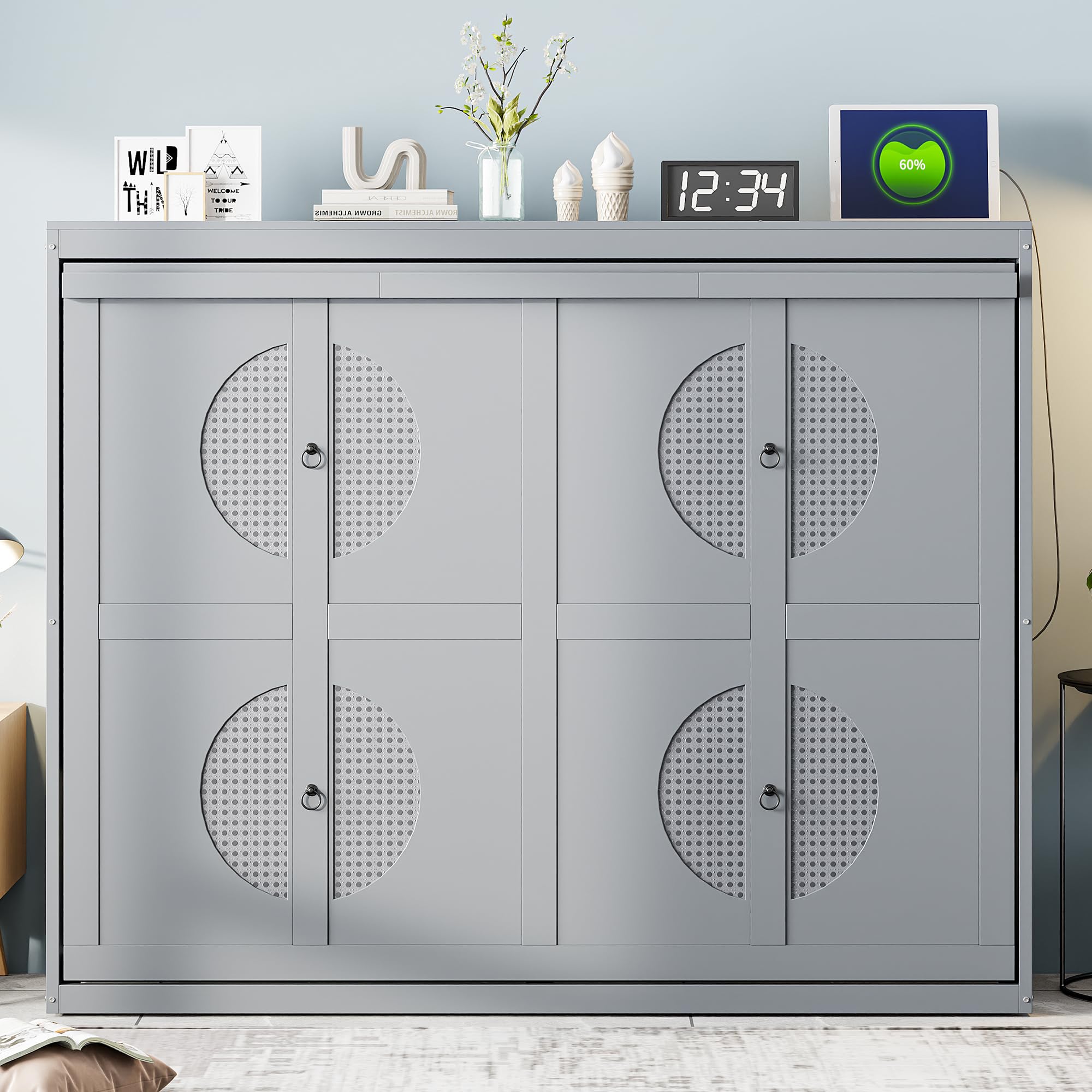 VilroCaz Modern Queen Size Murphy Bed with Charging Station, Wood Wall Bed Cube Cabinet Bed Chest Frame for Bedroom Guest Room Home Office, Can be