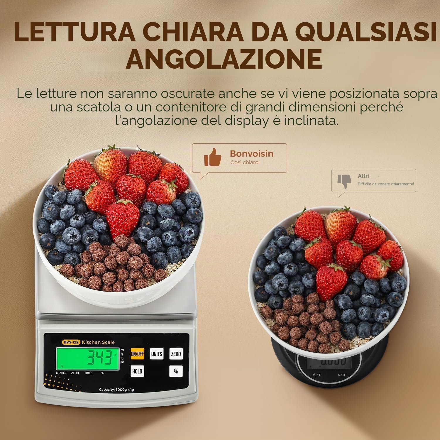 Bonvoisin 2 gr/ 6 kg Bilancia Cucina Digitale in Once e Grammi, con Funzione Percentuale e Tara, Piattello in Acciaio Inossidabile, Alta Precisione Pesa Alimenti per Cucinare, Dolci, Candele e Saponi