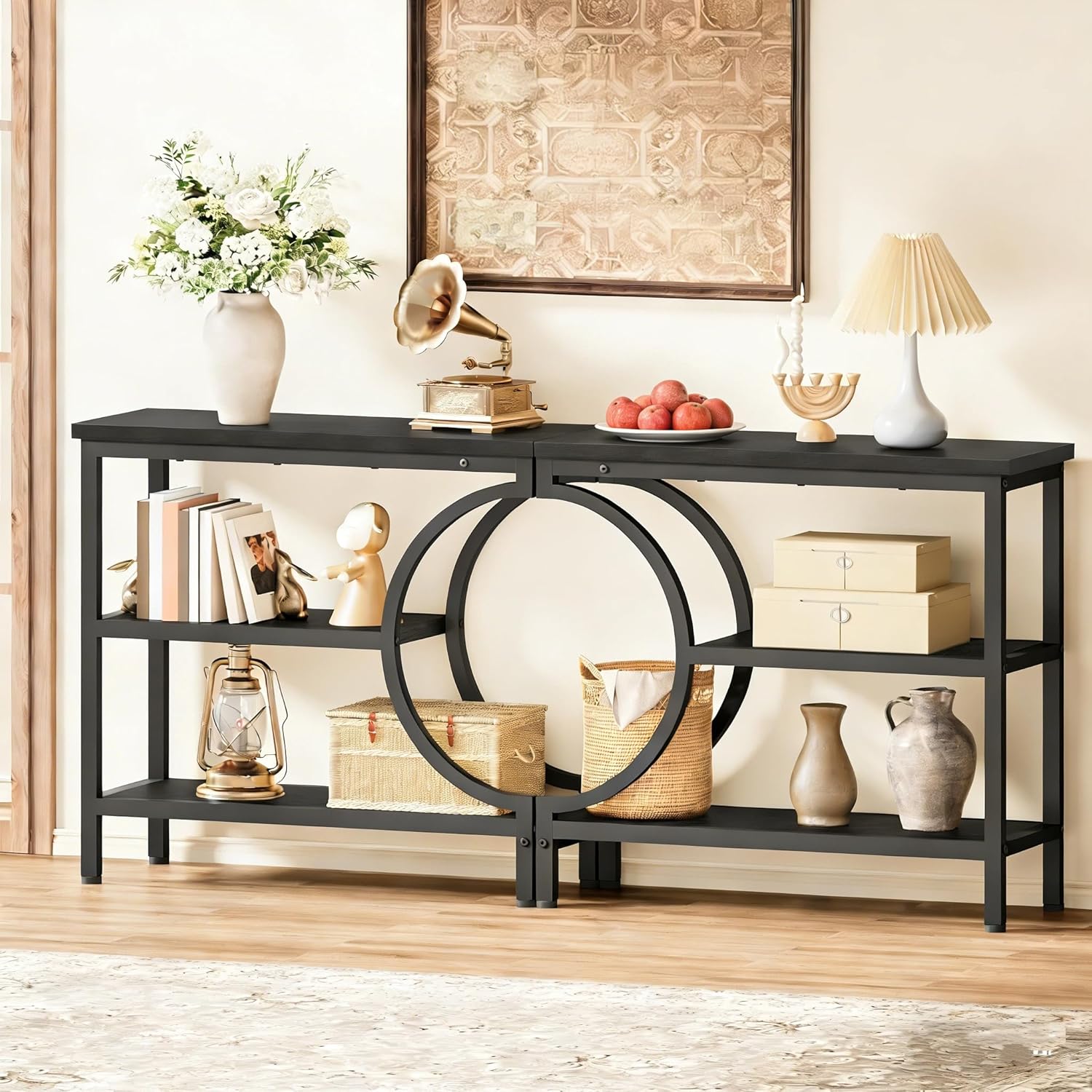 Hoctieon Console Table Set of 2, 3-Tier Industrial Entryway Table with Storage, Hallway Tables, Narrow Entrance Sofa Tables, Metal Frame, Accent Tables with Shelves for Living Room, Foyer, Black