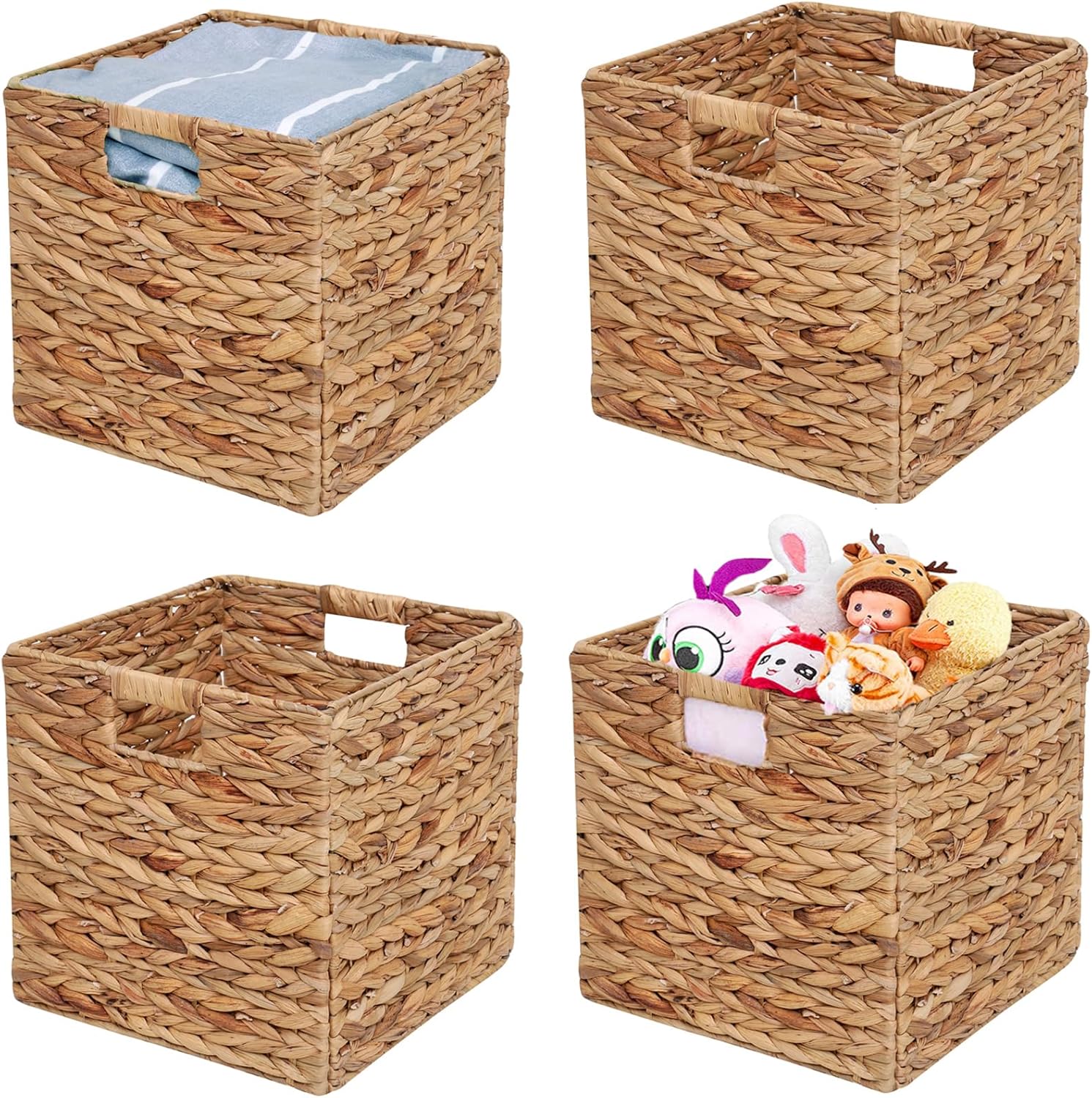 Storage Baskets 11x11inch Cube Baskets 4 pcs Baskets,Foldable Handwoven Water Hyacinth Laundry Organizer,Cube Storage Baskets
