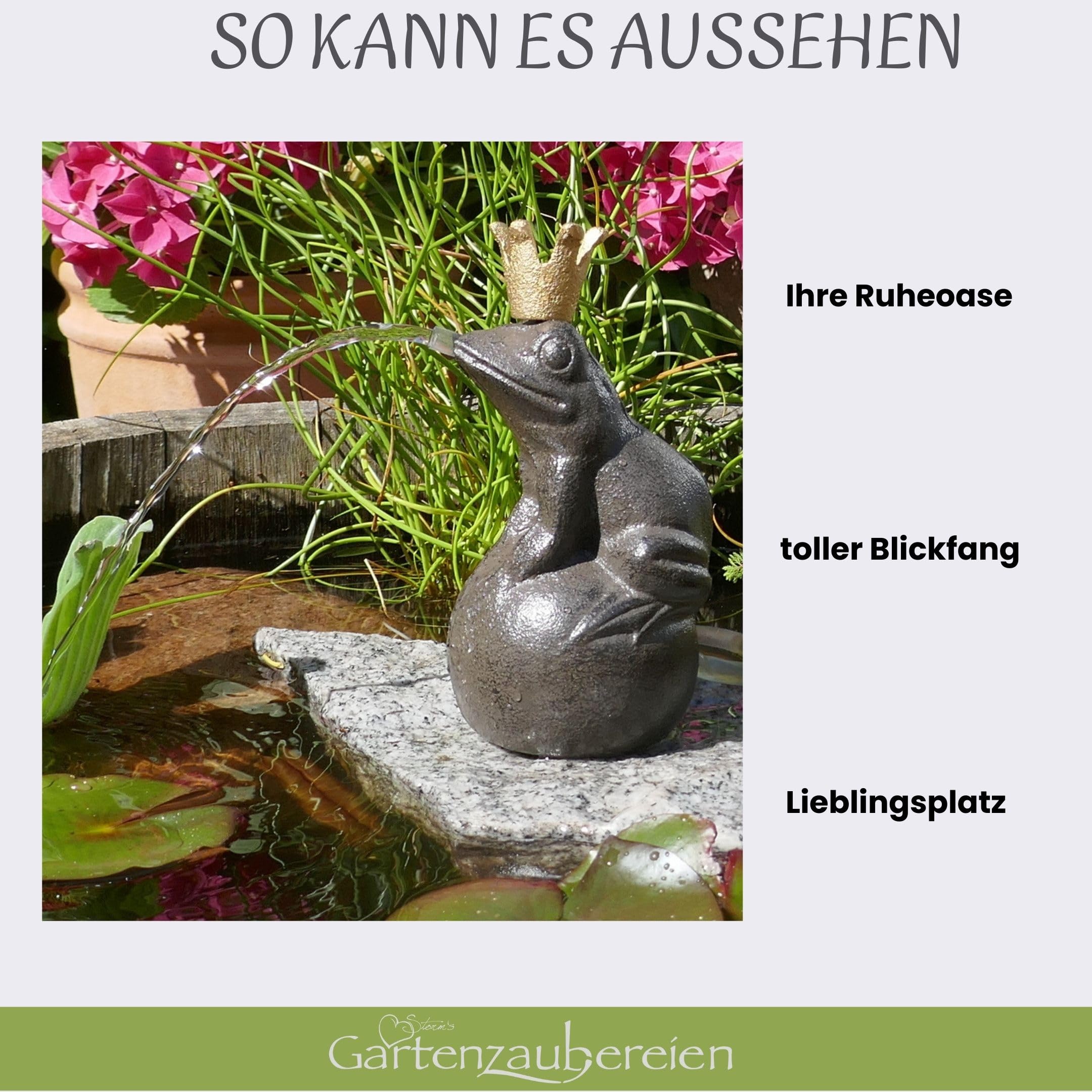 Storm's Gartenzaubereien Wasserspeier Froschkönig auf Kugel mit Solarpumpe 19cm für Miniteich als Teichdeko - Gartendeko
