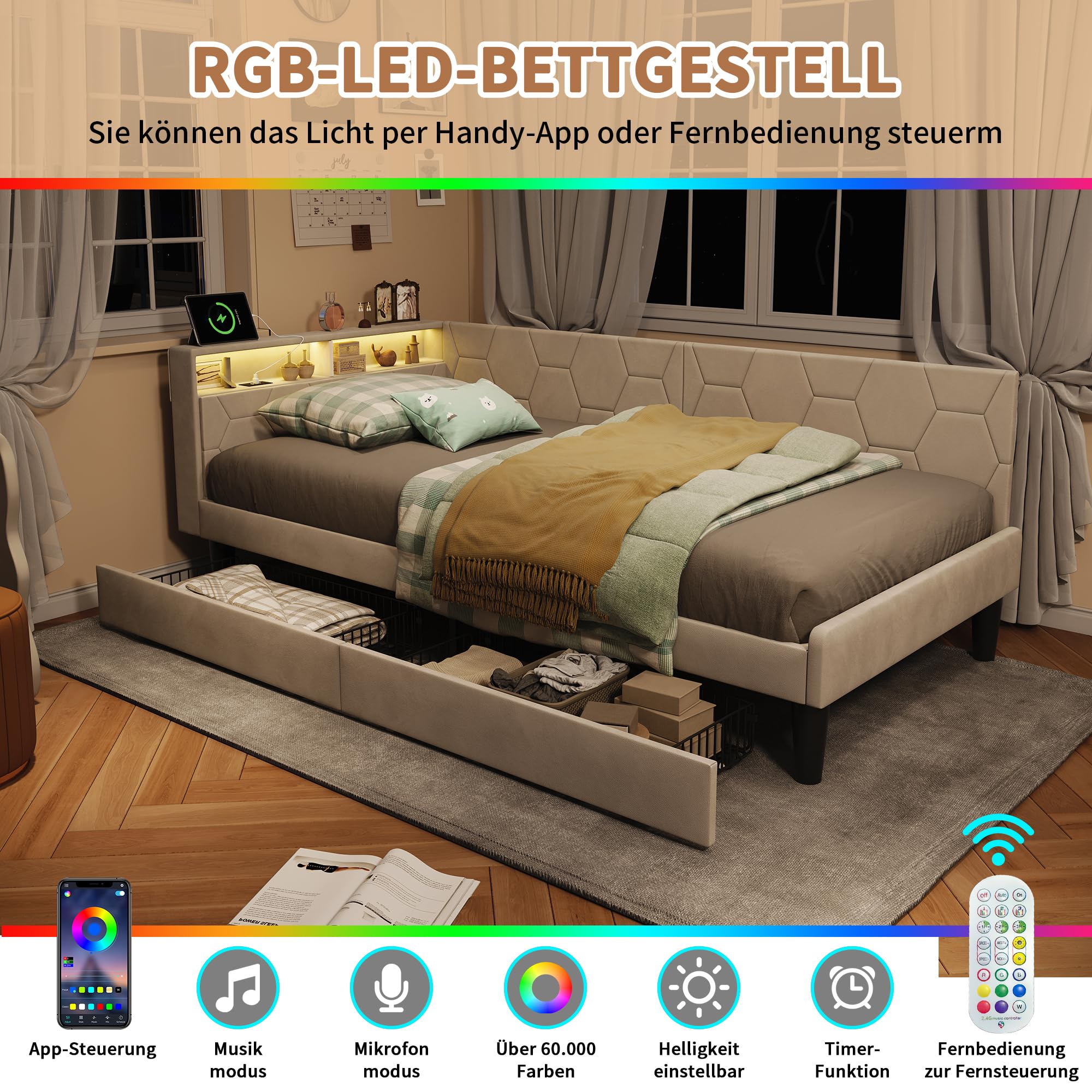 CDQL Łóżko tapicerowane, sofa do spania 90 x 200 cm z oświetleniem LED i portami USB, łóżko do przechowywania z 2 szufladami, zagłówek ze schowkami, łóżko funkcyjne, łóżko pojedyncze, aksamitne
