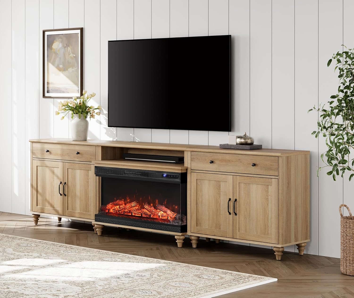 WAMPAT 3-Sided Glass Fireplace TV Stand for 100/90/85 inch TV, Highboy Entertainment Center with 36'' Electric Fireplace, Wood TV Console Table with Storages and Drawers for Living Room, Oak