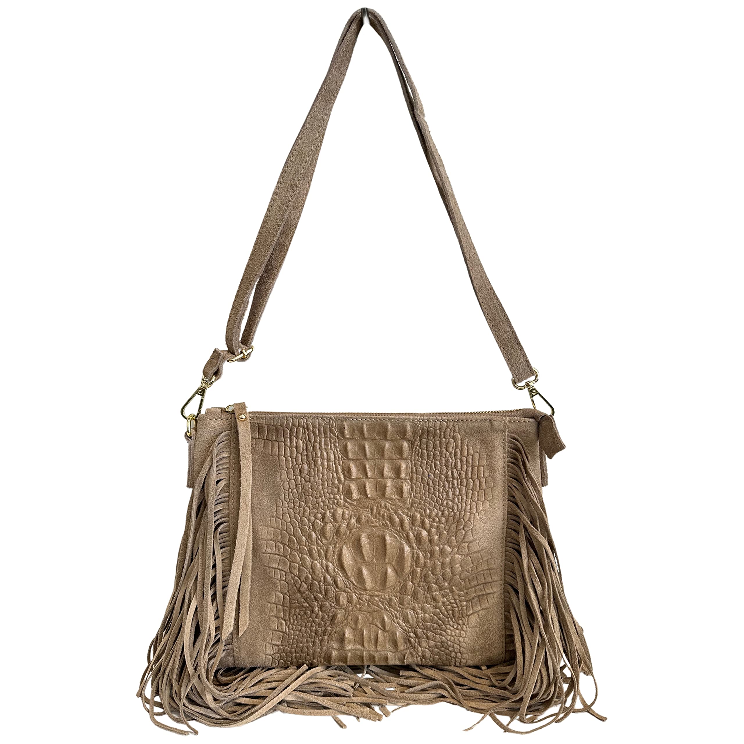 borsa da donna con frange, a tracolla, in pelle scamosciata 29x2x21 cm