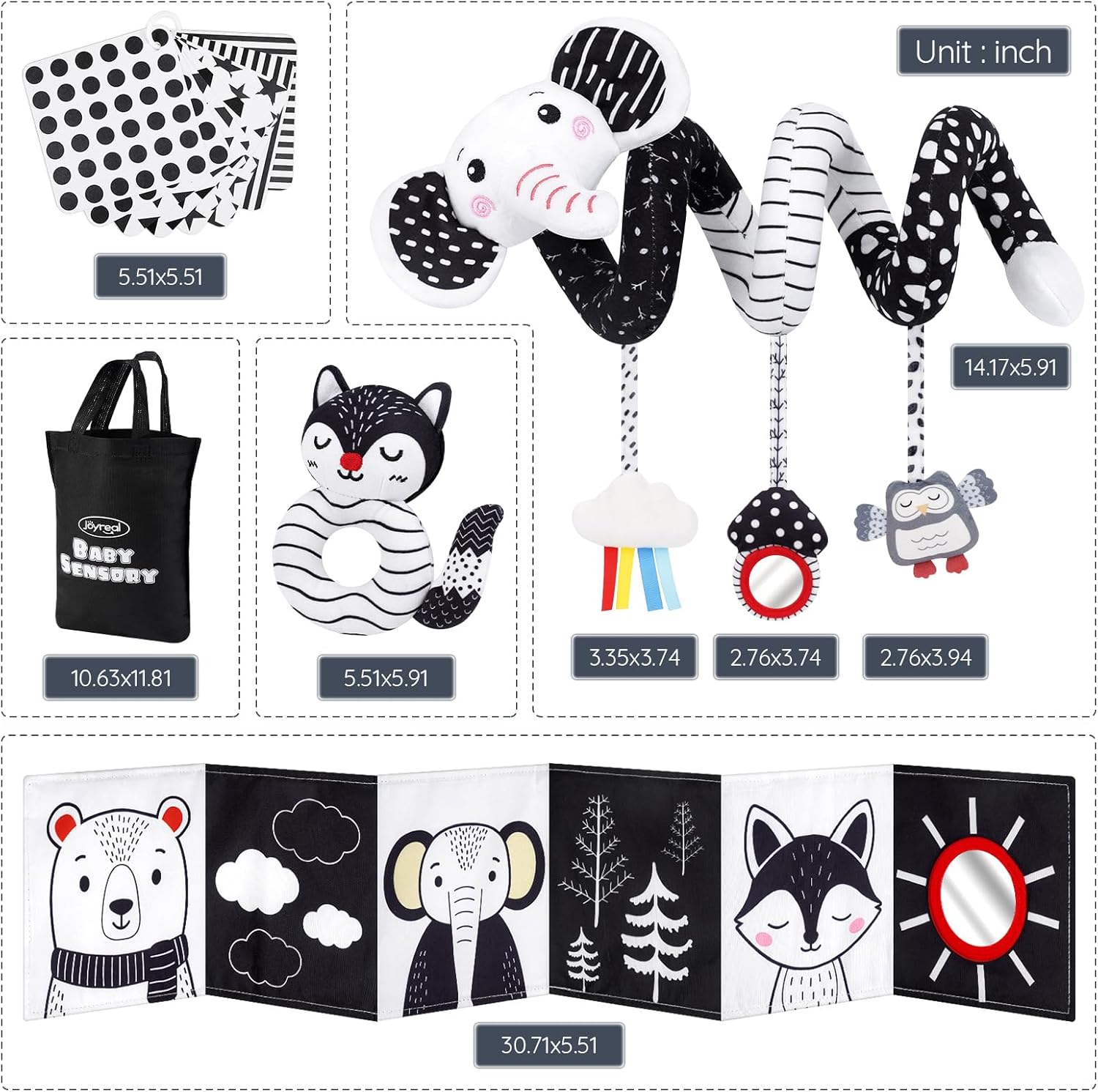 Joyreal High Contrast Baby Toys for Newborn, Black and White Baby Sensory Toys with Car Seat Toys,Infant Toys with Black White Cards Book, Montessori Toys for Baby Gifts (Elephant Theme)