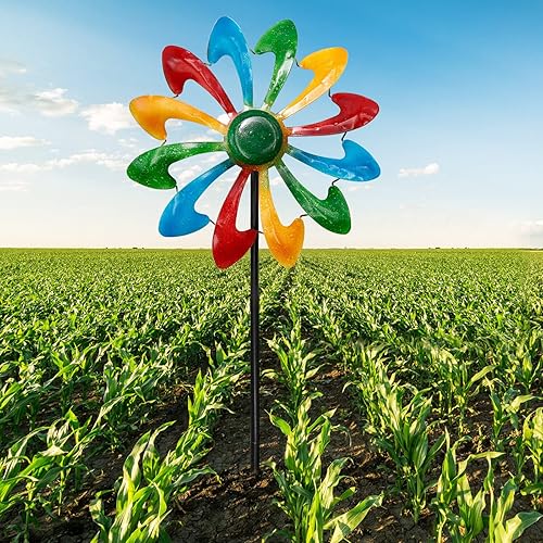 Miniatura 8 de Molinos de viento de metal de 11.41 pulgadas, molinos de viento de flores de arcoíris, decoración de césped para patio, jardín, granja, regalo