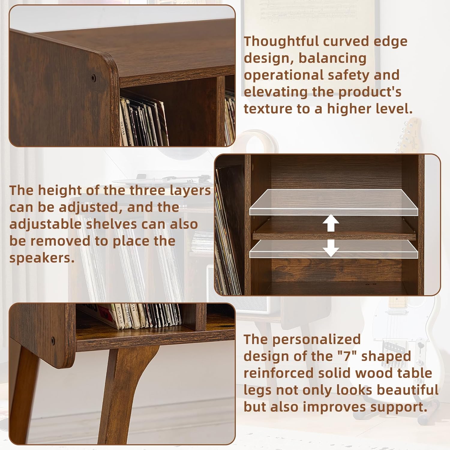 Close-up showing the adjustable shelf in the right compartment of the Lerliuo Record Player Stand, with arrows indicating height adjustment options.