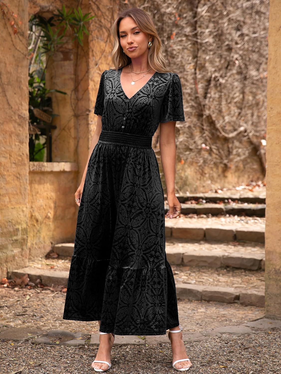 Simplee Womens Fall Velvet Dress Short Sleeve V Neck Floral Maxi Dress Long Formal Winter Wedding Guest Dresses - Image 7