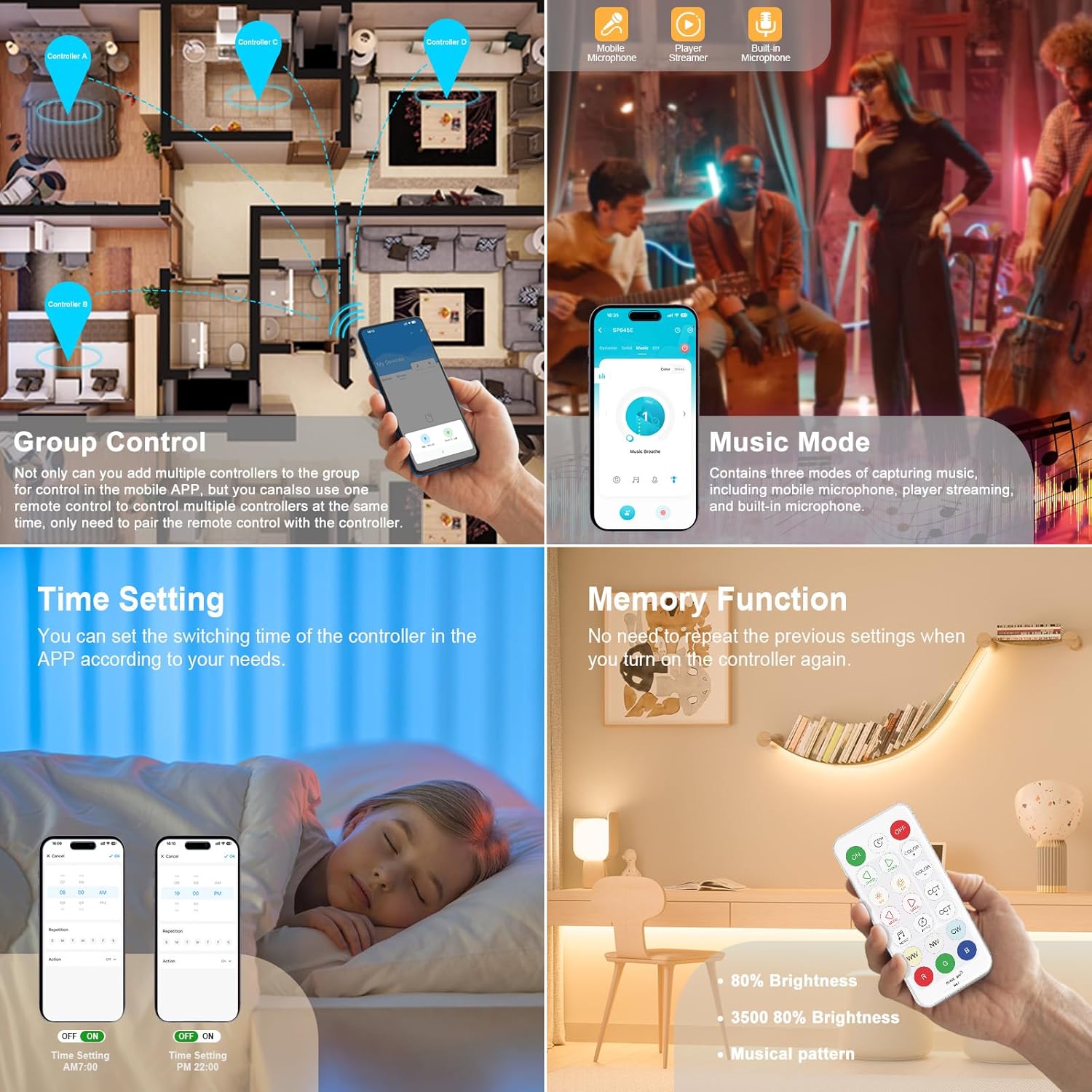 Group control, music mode, time setting, and memory function