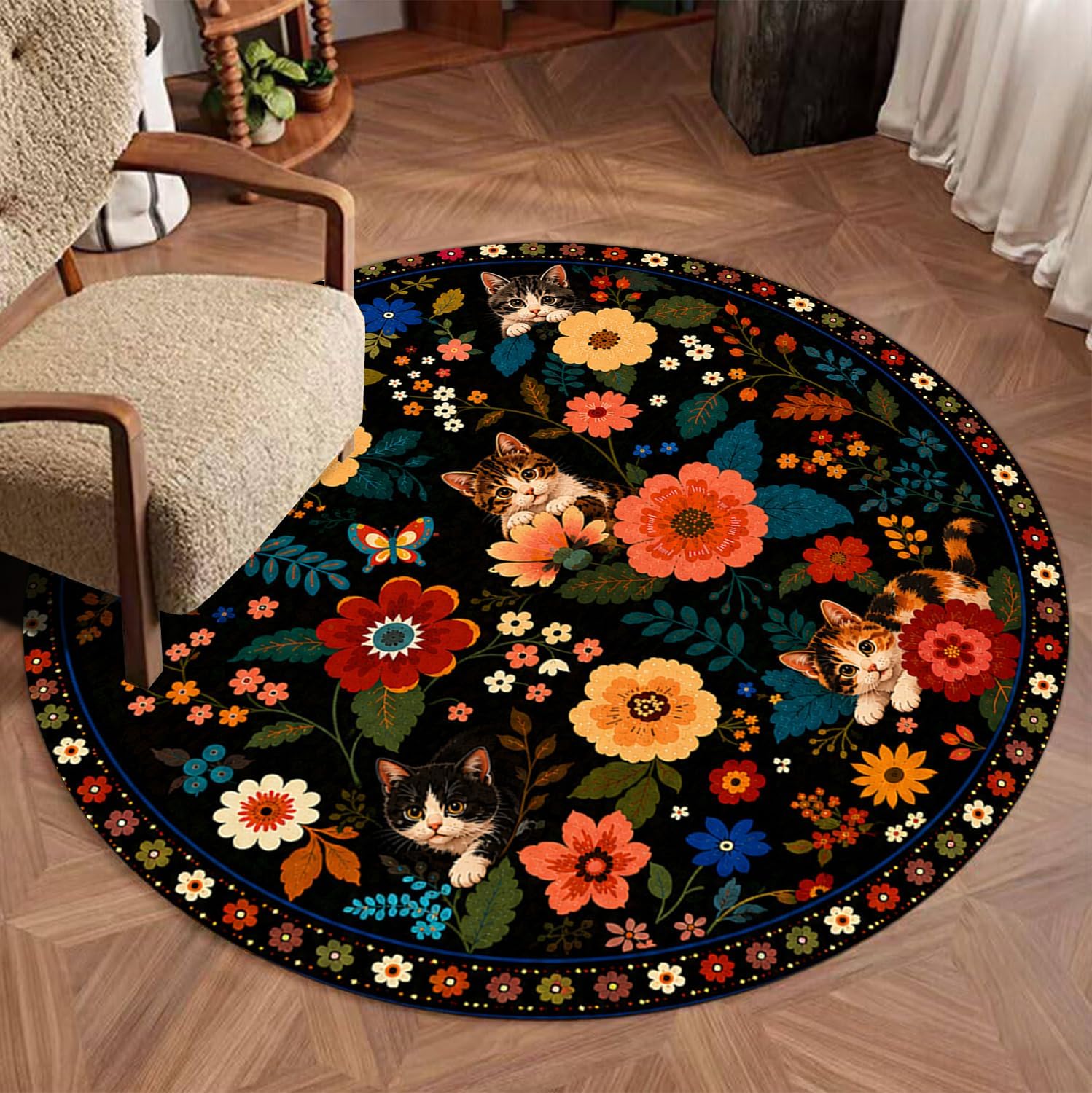 Colorful Floral Cat Doormat 24 Inch, Low Pile Black Boho Round Area Rug, Non-Slip Washable Indoor Entryway Rug, Cute Kitten Botanical Floor Mat for Front Door Bathroom Decor