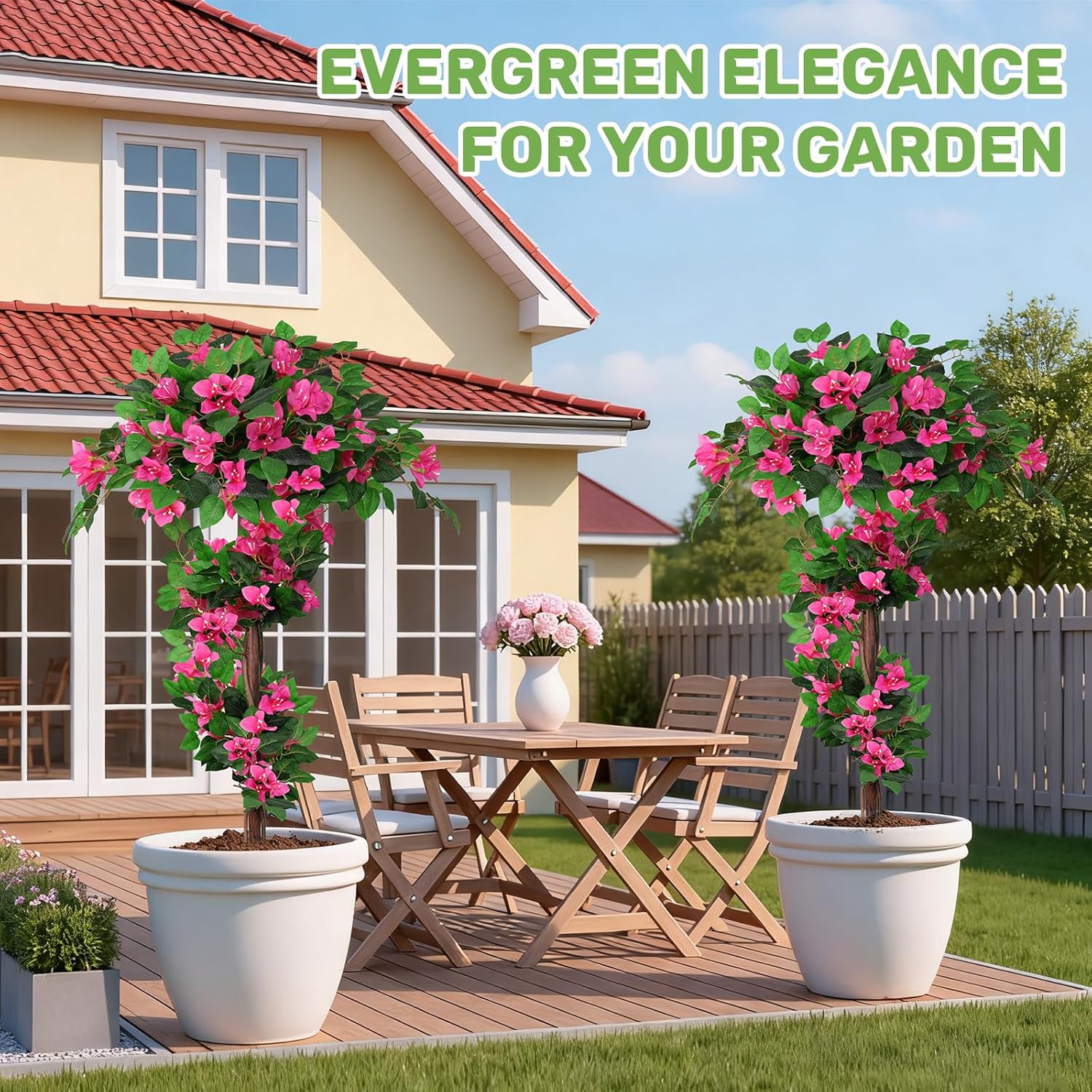 2Pack 4FT Artificial Bougainvillea Topiary Trees for Outdoor, Fake Silk Flowers Plants Bushes with Ground Spike, Faux UV Resistant Shurbs Trees for Outside,Front Porch,Patio,Balcony Decor