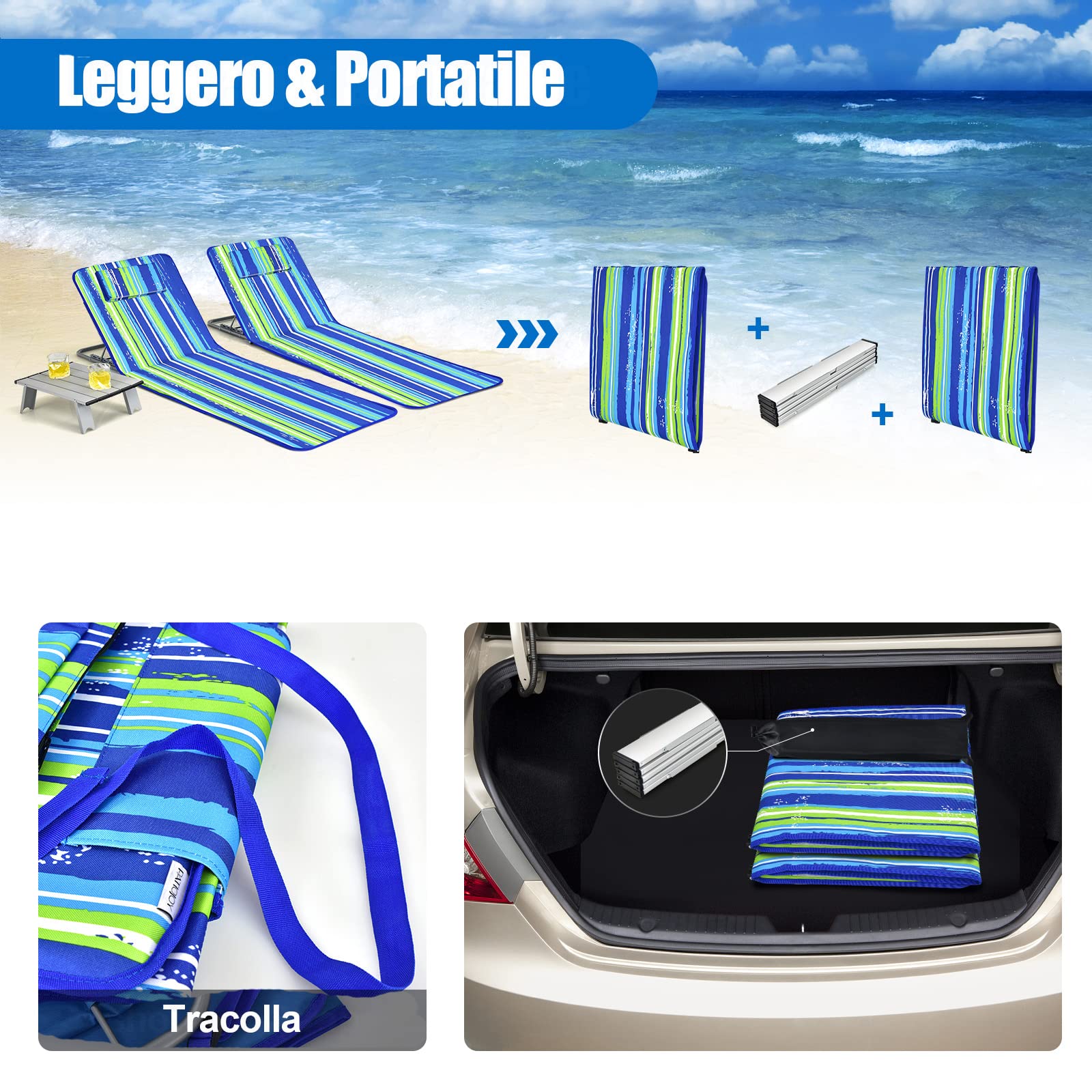 GYMAX Tappetino da Spiaggia Reclinabile, Set di 2 Sedie e Tavolino, Angolo Regolabile, Design Pieghevole Multifunzione, Adatto per Spiaggia, Parchi, Cortili, Campeggio (Blu e verde)