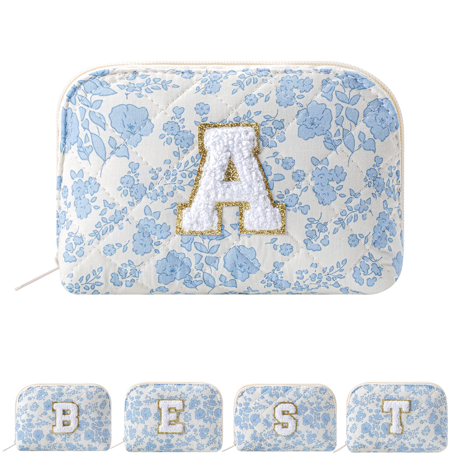 JOVAKIT Conch Alphabet Makeup Bag Cosmetic Bag for Women, Christmas Gifts for Women Girls, Blue Floral Coquette Travel Bag, Zipper Make Up Pouch