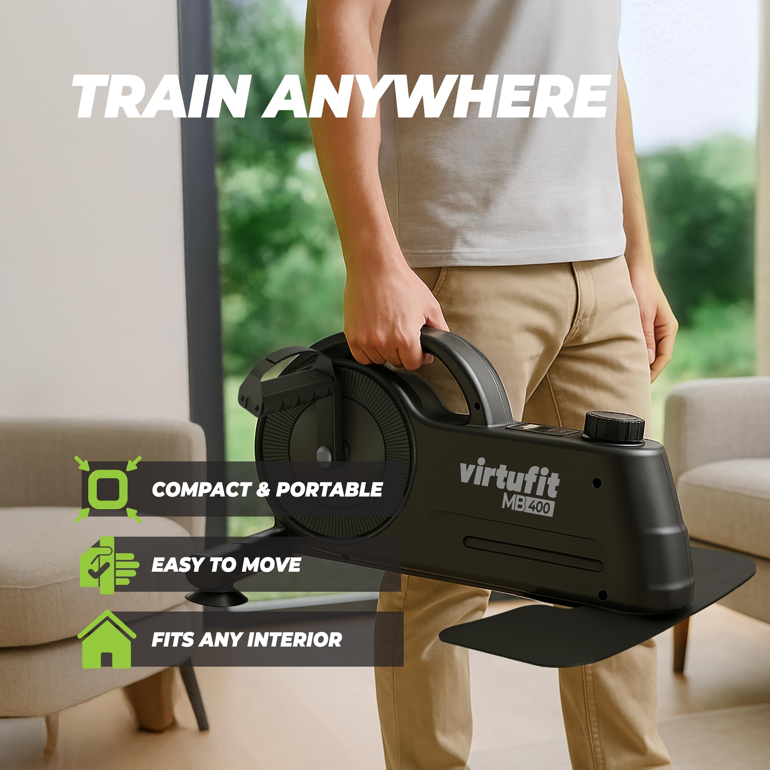 VirtuFit MB400 trenażer pedałów – magnetyczny trener ruchu ramion i nóg – 8 poziomów oporu – kompaktowy i stabilny – wyświetlacz LCD – koło zamachowe 2,5 kg – rehabilitacja i senior – trener