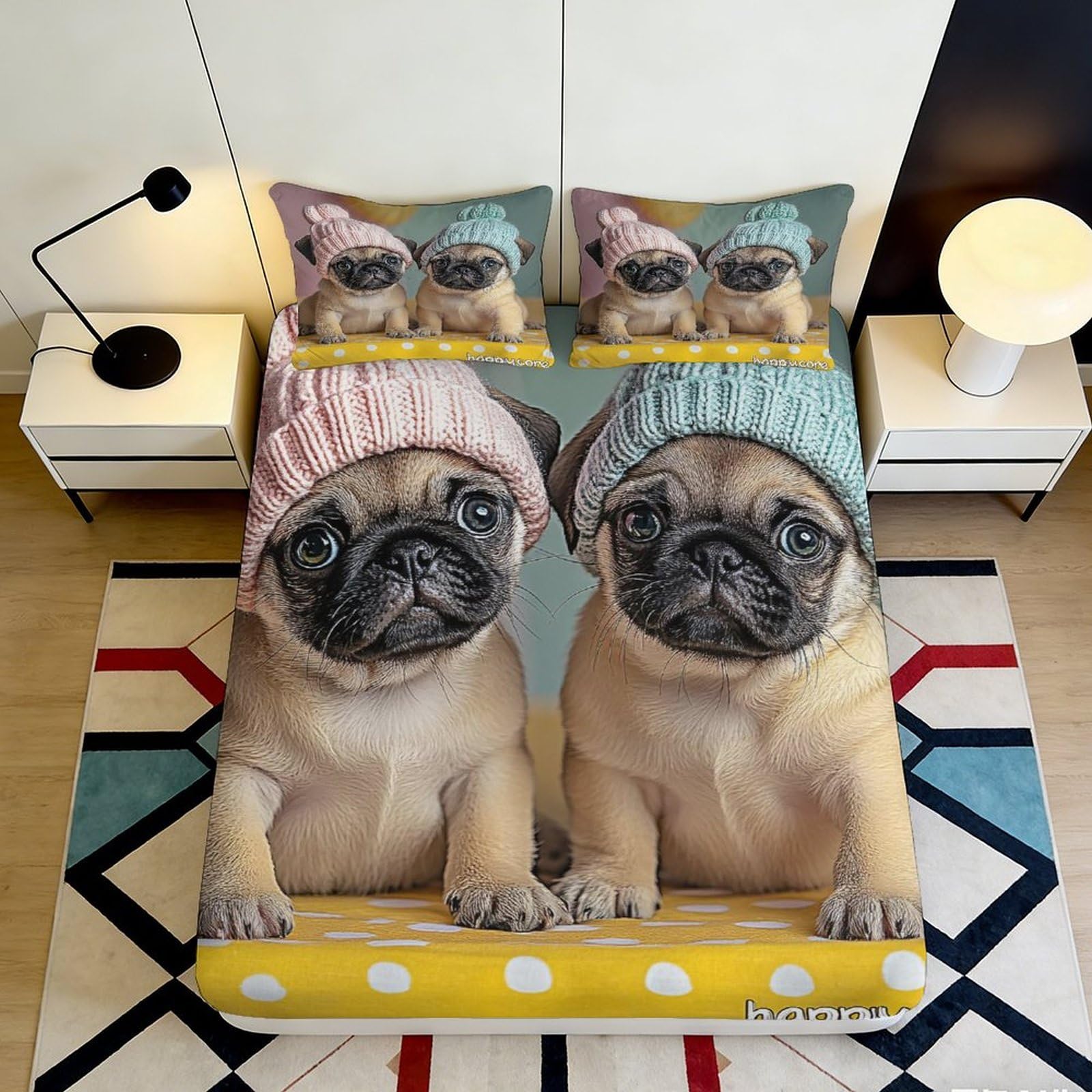 3D Printed Cute Pug Dogs Fitted Sheet Microfiber Soft Breathable Puppy Pattern Mattress Cover for Bedroom Dormitory Guest Room Mattress Protection Decor 120x200x25cm