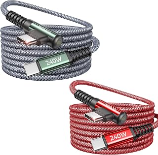 AINOPE 240W USB C to USB C Cable Fast Charging 6FT,Right Angle Fast Type C Charging Cable Fits iPhone 16 Pro Max Plus,iPhone 15,MacBook Air/Pro,iPad Pro,Samsung,Pixel,All Devices, Grey,Red 2Pack