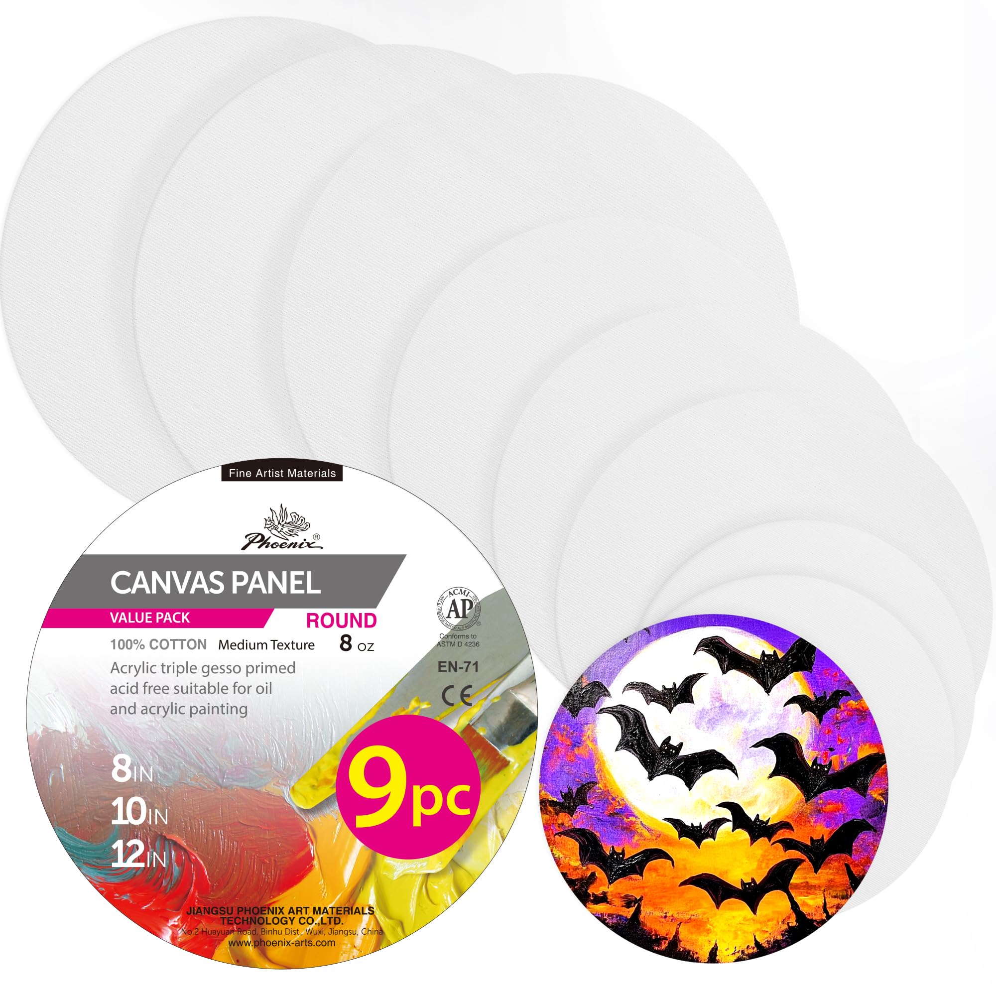 PHOENIX Round Canvas Painting Boards - 8 10 12 Inch/ 3 Pack Each - 9 PK Circle Canvas Boards for Painting - 100% Cotton Flat Triple Primed Blank Canvas for Oil, Acrylic Painting & Crafts