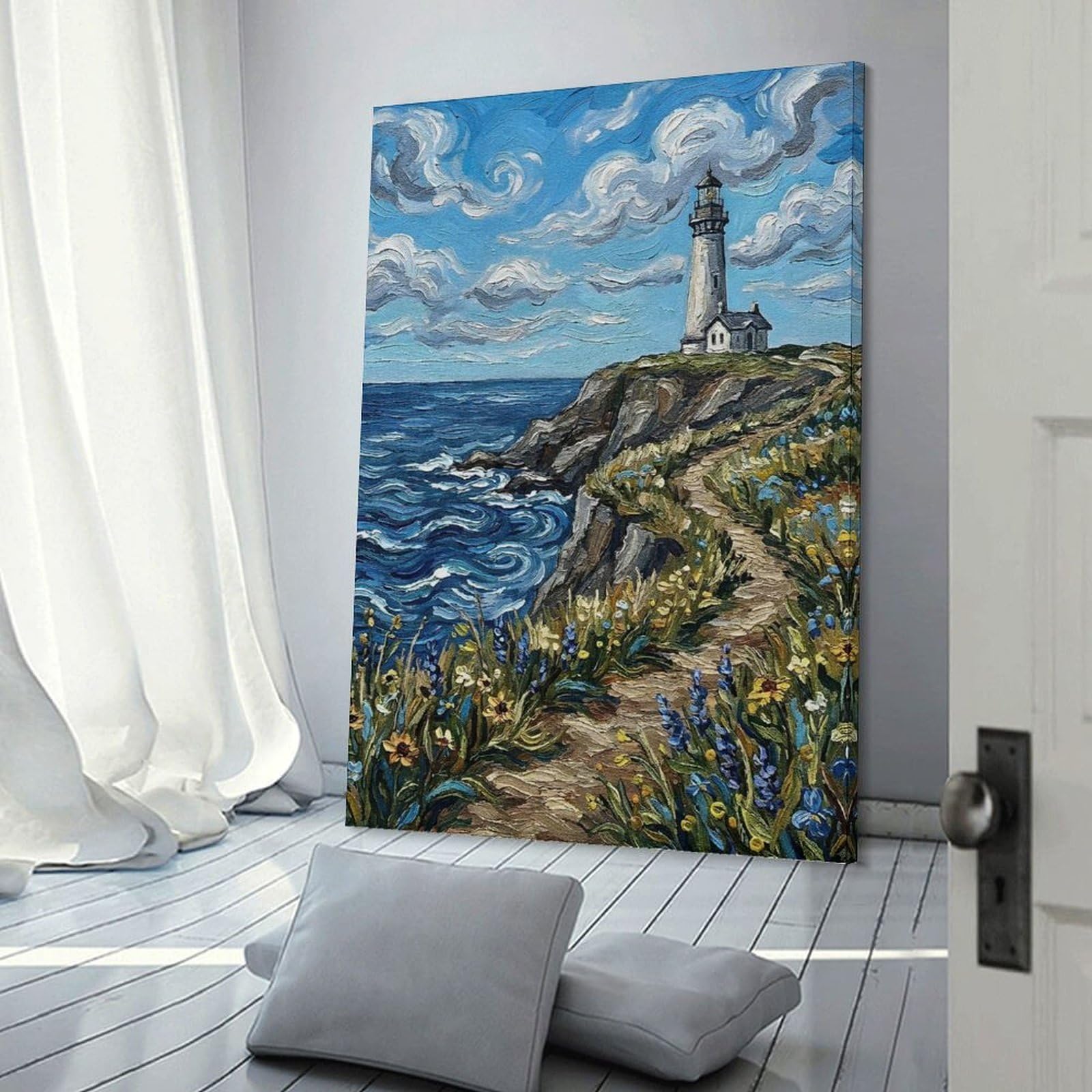 Junmoney Canvas Wall Picture Lighthouse on A Cliff Overlooking The Ocean, 24x36inch(60x90cm), for Calm Bedrooms, Home Corners Or Flats, Decorative Wall Art for Cosy Rooms