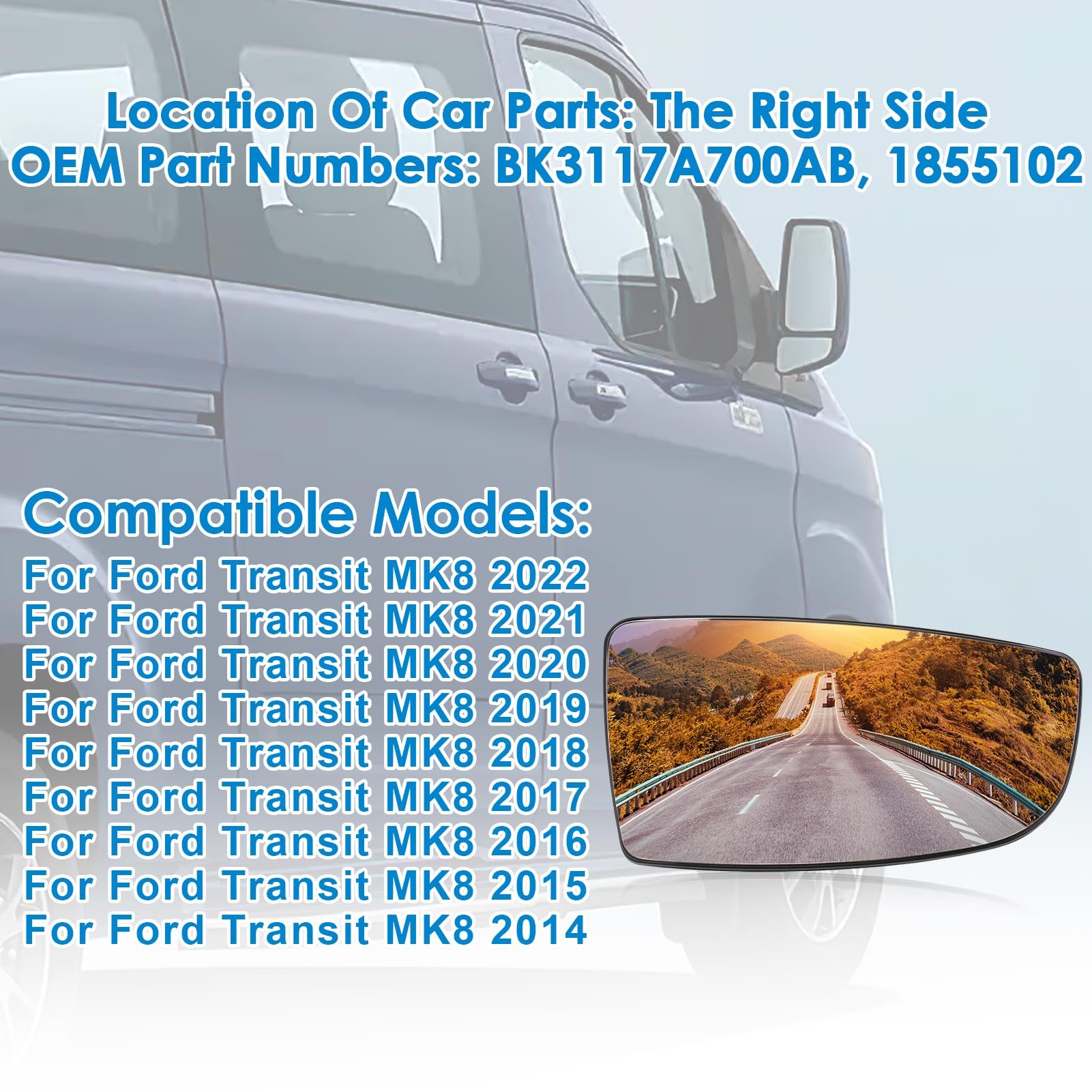 Ford Transit Mk8 2014+ Upper & Lower Wing Mirror Glass Set - Heated, Driver Side, Chrome
