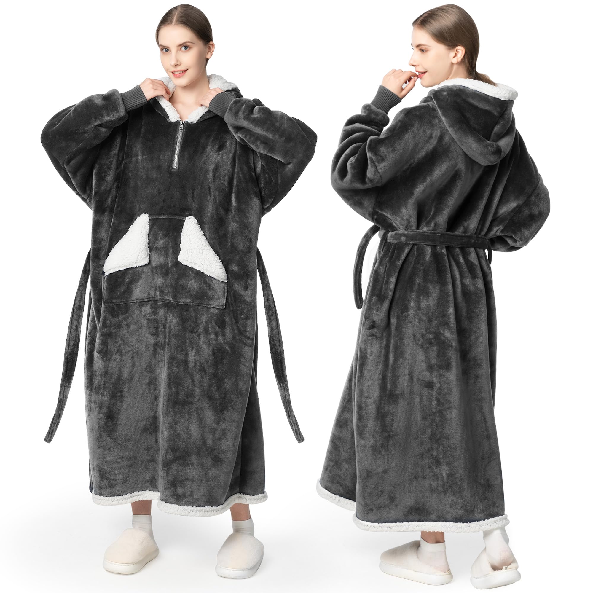 Wearable Blanket Hoodie as Gifts for Women, Long Sherpa Fleece Hooded Blankets with Oversize Hood and Pocket, Warm and Cozy Sweatshirt with Belt, Winter Gift