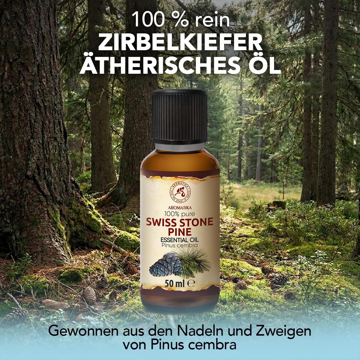 Zirbelkiefer Ätherisches Öl 50 ml - Pinus Cembra - Reines ätherisches Zirbenöl - für Diffusers und Duftlampen - Frisches Aroma - Aromakerze - Seife - Zirbenduft - Lufterfrischer