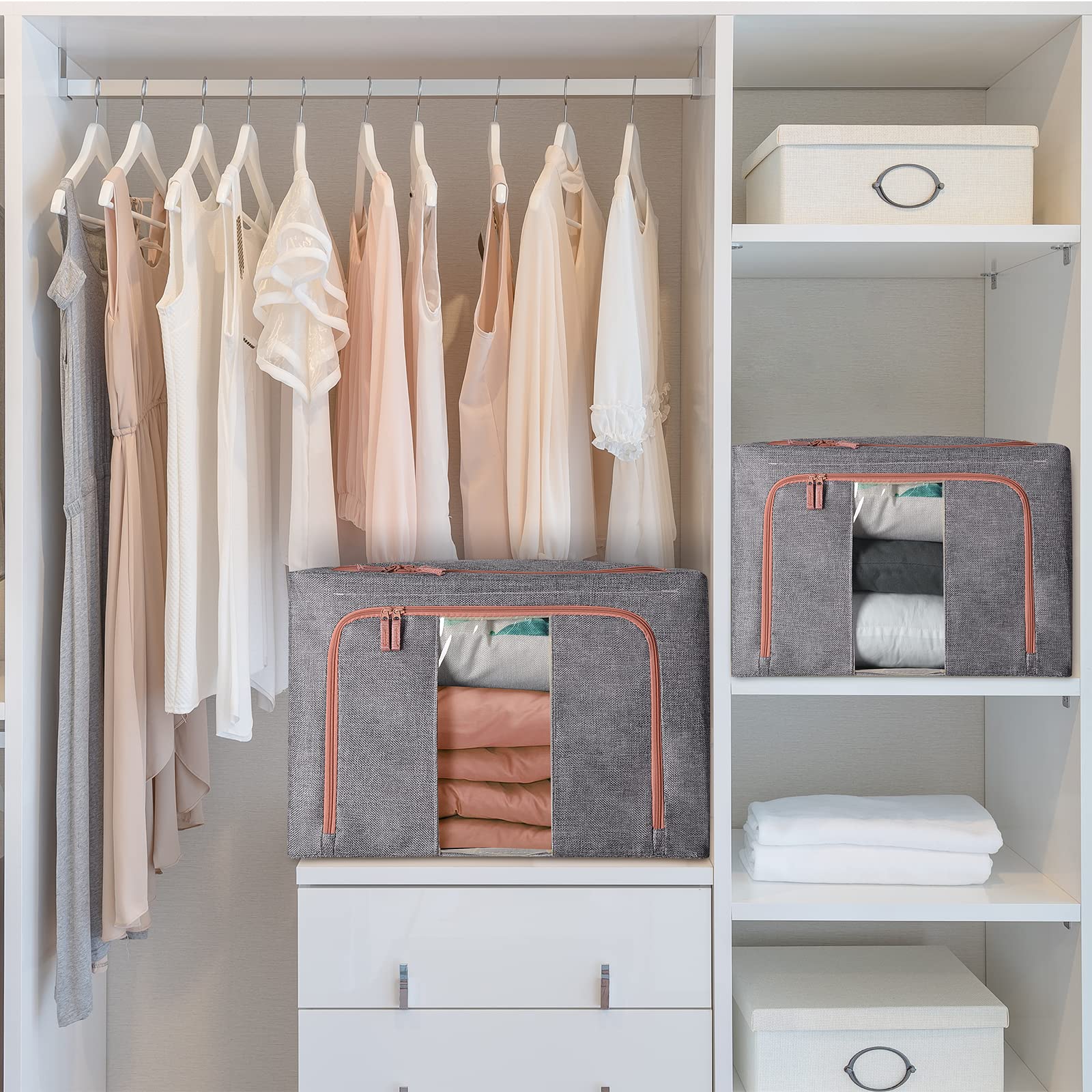 Opbergtas voor kleding, stapelbaar metalen frame, ritssluiting met dubbele opening, dik katoenen linnen, beschermt tegen stof en vocht (3 stuks