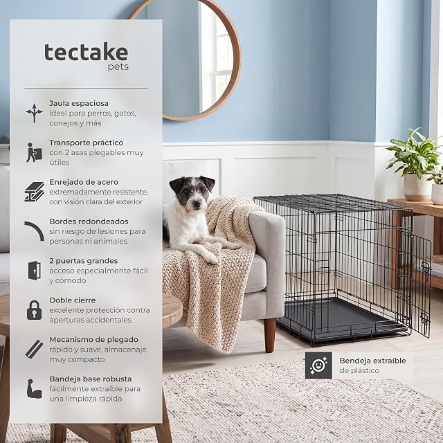 Foto 2 de 8 de tectake® Jaula para Perros Plegable 108 x 71 x 76 cm con 2 Asas de Transporte, Resistente, Plegable Doble…