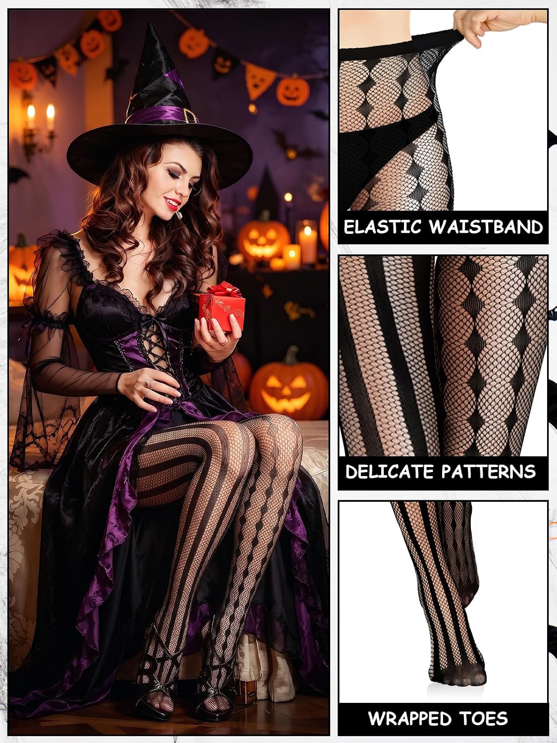 Halloween Striped Tights 3 Pairs Black White Jester Costume Women image 3