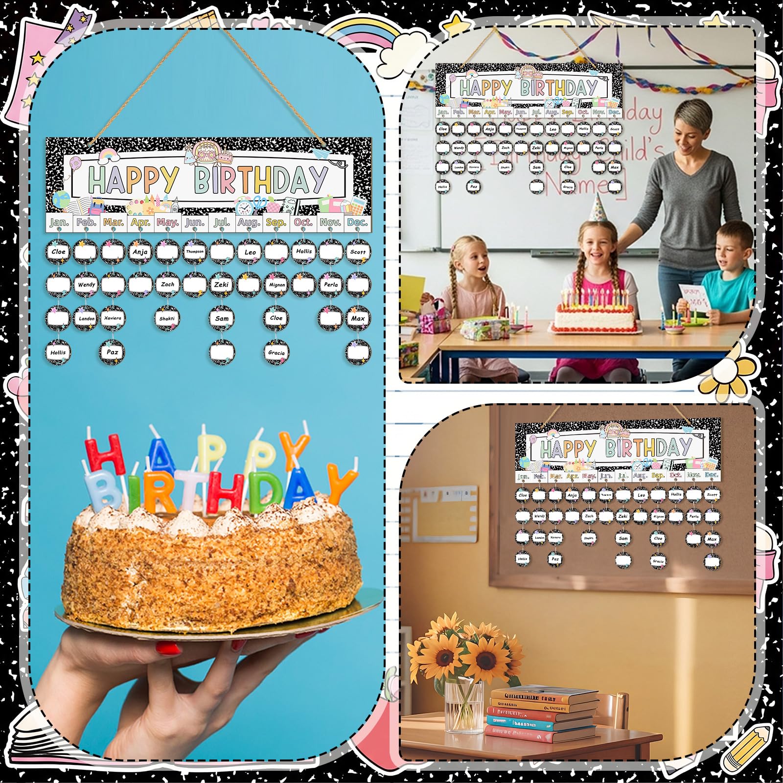 Lineshading Calendario di compleanno pastello da appendere alla parete, quaderno per composizioni e decorazioni in classe, calendario fai da te, bacheca con 100 etichette in legno per il rientro a