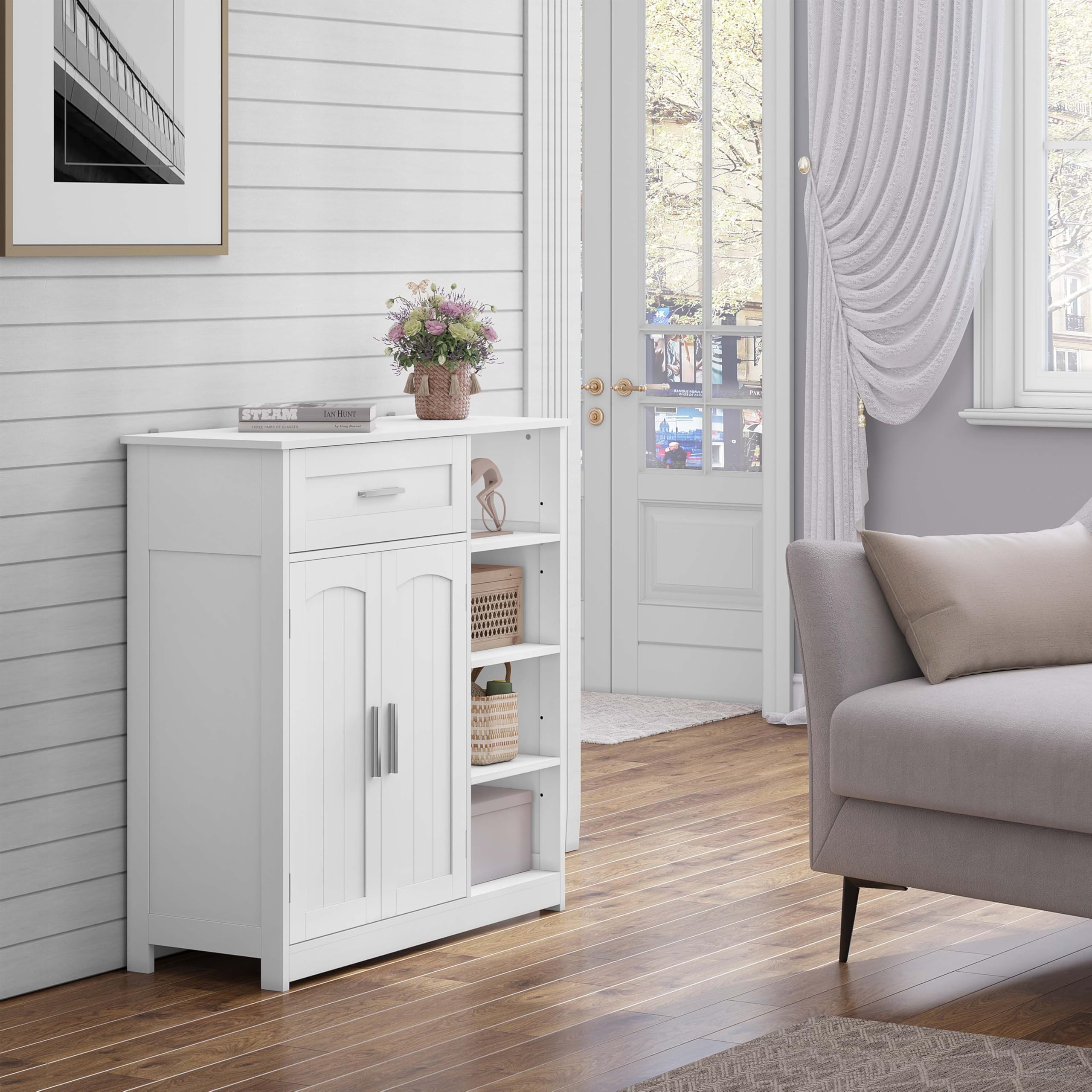 EUGAD Badezimmerschrank, Badschrank schmal, Aufbewahrungsschrank mit 1 Schublade, 2 Türen, verstellbaren Ablagen, Bad Schrank stehend, Kommode Badezimmer, 80x80,5x30 cm, Weiß