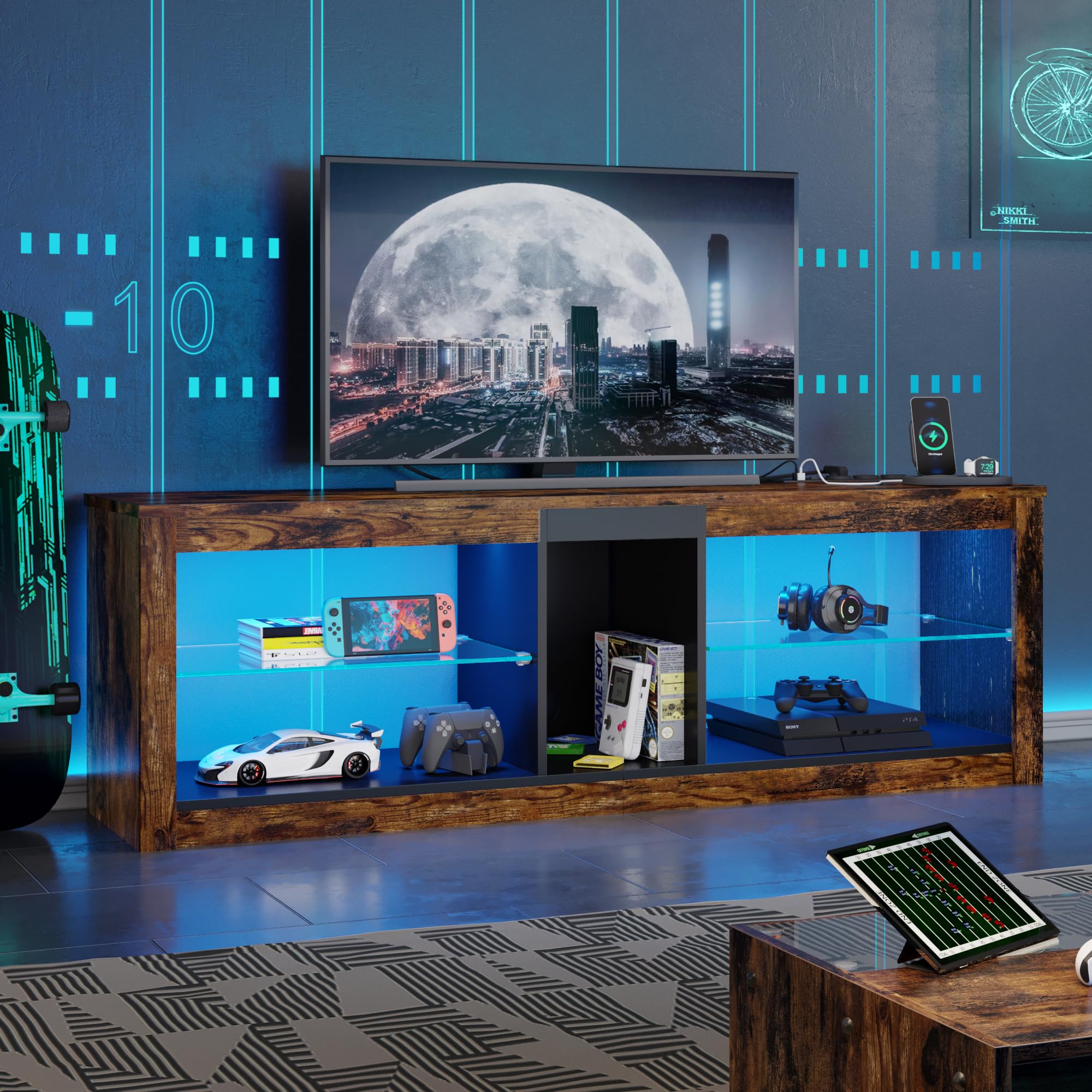 Bestier TV-Schrank, Lowboard für 65 Zoll & kleinere TVs, 140 x 35 x 47 cm, Fernsehschrank mit RGB-LED-Leuchten, Fernsehtisch mit integriertes Kabelmanagement, verstellbare Glasschale, Braun