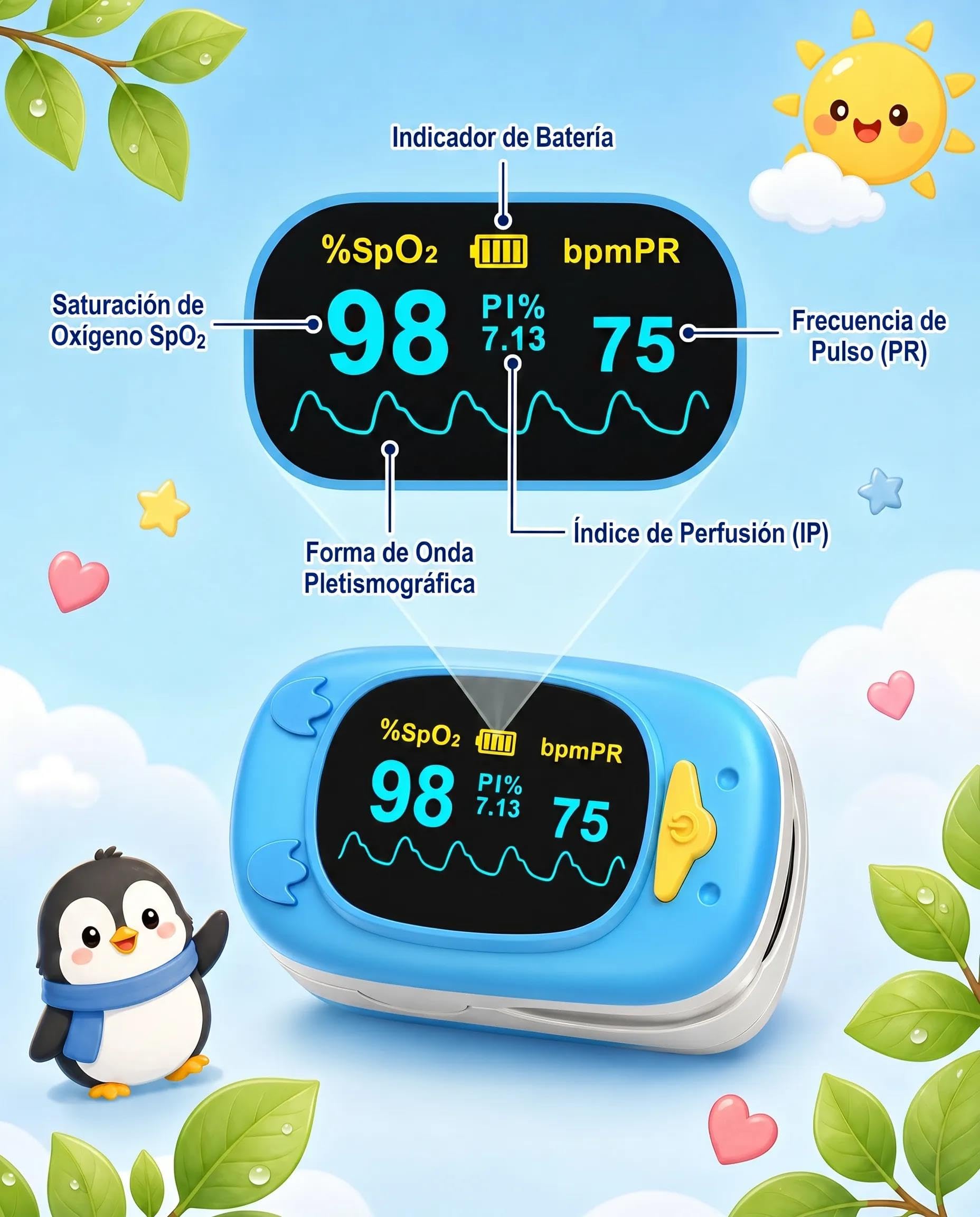 HealthTree JKS50A Pulsioximetro Pediatrico de dedo para Niños, Lectura Rápida 8-10s de Saturación de Oxígeno (SpO2), Frecuencia Cardíaca e Índice de Perfusión (PI), Pantalla OLED, Baterías y Cordón