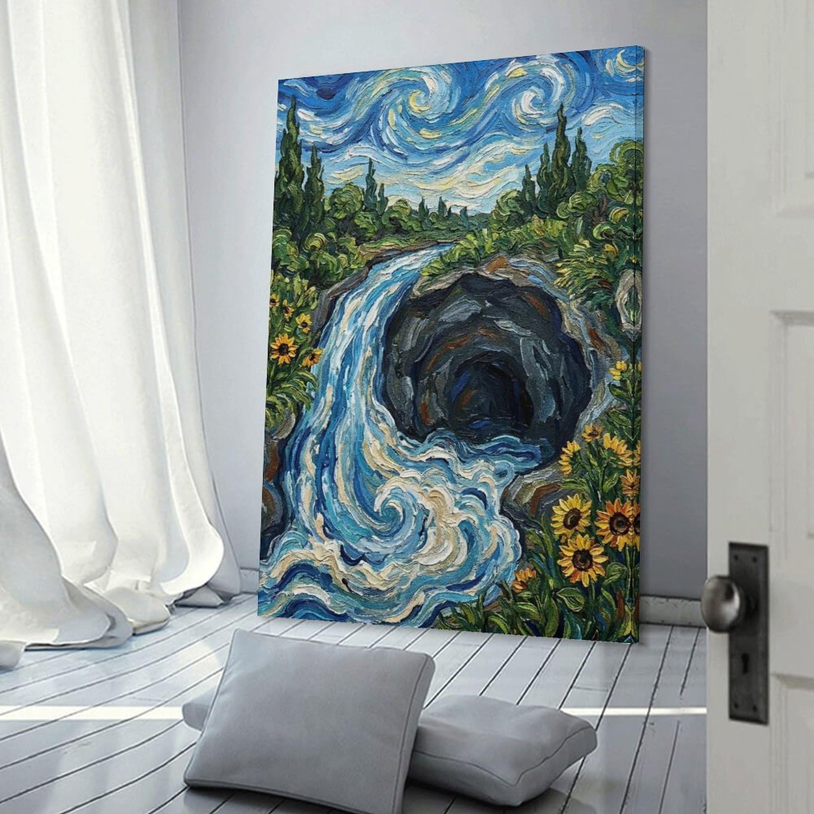 Junmoney Canvas Wall Picture Waterfall And Cave in Van Gogh Style, 24x36inch(60x90cm), for Bedroom Decor, Cosy Corners Or Studios, A Warm Accent for Relaxed Interiors