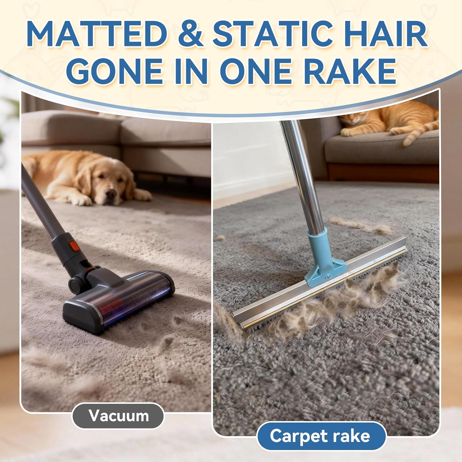 BFNN Carpet Rake for Pet Hair Removal | Reusable Dual-Action Carpet Broom Tool with Metal Scraper & Silicone Brush | 54" Adjustable Handle | 3Pcs Cat & Dog Fur Cleaning Kit for Rugs, Couch & Furniture