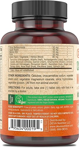 Miniatura 3 de Deva Suplemento multivitamínico y mineral vegano, fórmula diaria de vitaminas con verduras, sin hierro, 90 tabletas recubiertas, 1 paquete