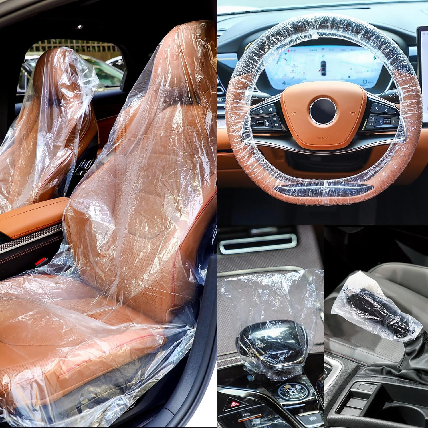 Moonmen 300 Pcs Disposable Car Seat Covers Plastic Seat Covers Clear Car Seat Protector Includes Wheel Covers, Gear Selector Covers and Handbrake Cover for Auto Truck Bus Accessories