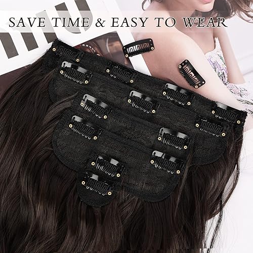 Miniatura 4 de NAYOO Extensiones de cabello con clip, de 20 pulgadas, largo, ondulado, rizado, marrón oscuro, extensiones de cabello sintético de cabeza completa