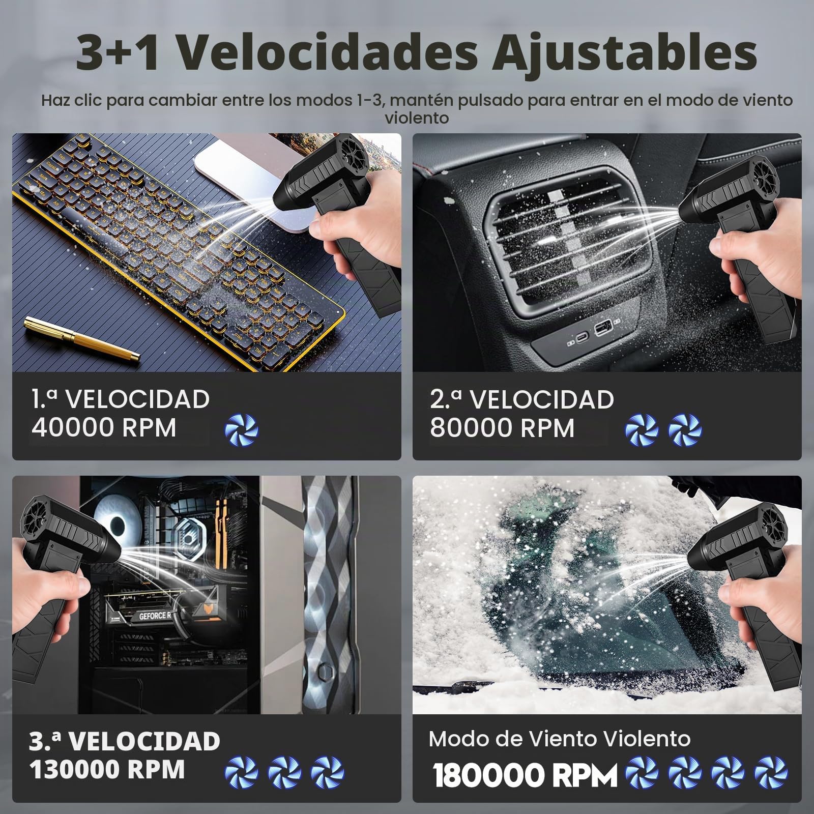 Mini Soplador de Aire Potente LED -180000 RPM Soplador de Aire Portátil con 4 Velocidades Eléctrico Aire Comprimido PC Con Batería, Soplador de Polvo Air Duster Laptop, Teclado, Coche
