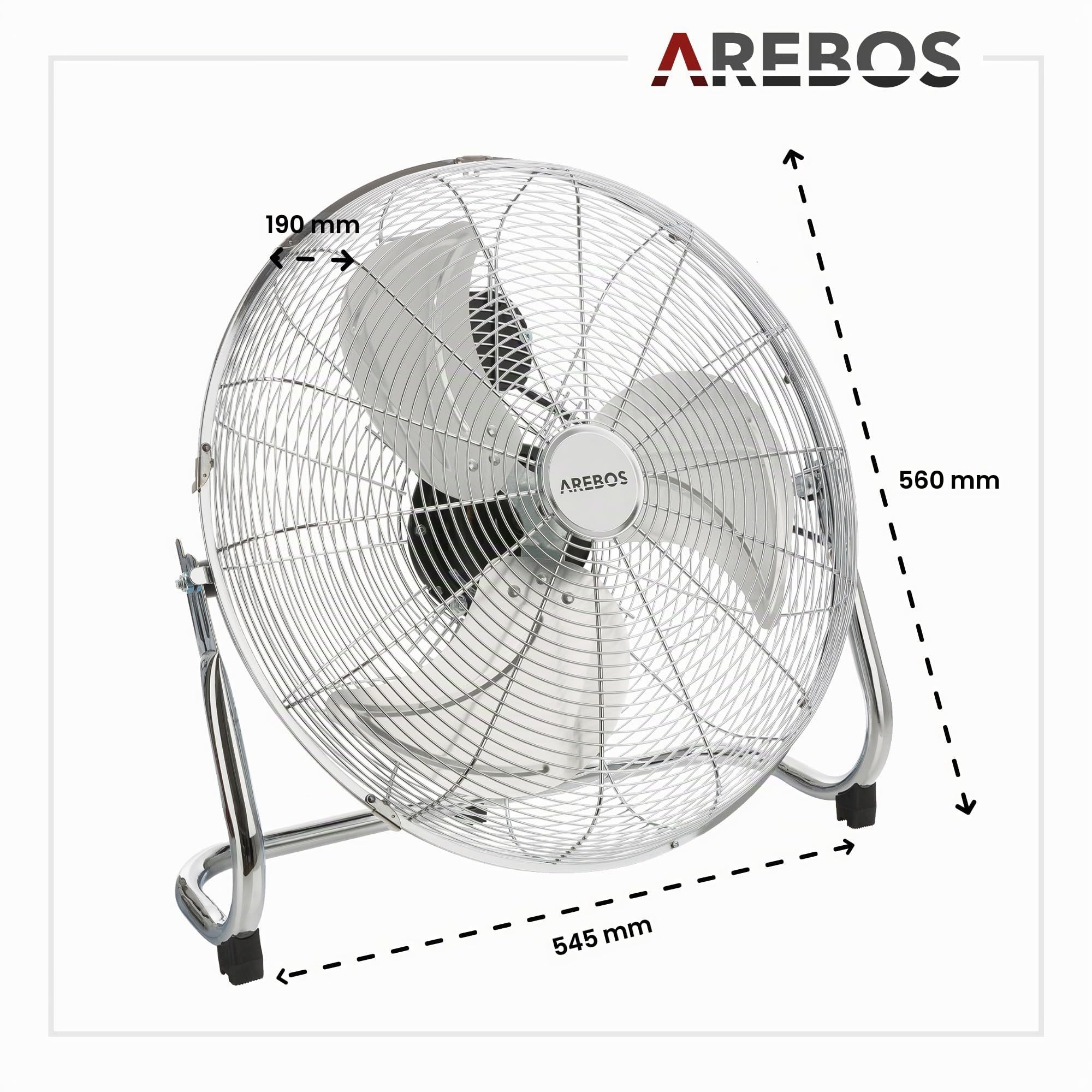 Arebos Bodenventilator Ø45 cm | Windmaschine Retro Stil | Ventilator | 3 Geschwindigkeitsstufen | hoher Luftdurchsatz | 100° einstellbarer Neigungswinkel | Chrom