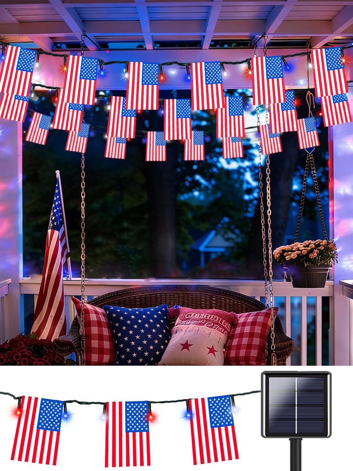 2 Pack 4th of July Decorations, Solar American Flag Lights Outdoor with 8 Modes, 37.6FT 50 USA Flags & 100 Red White and Blue LEDs Patriotic Lights Waterproof for Independence Day 250th Anniversary