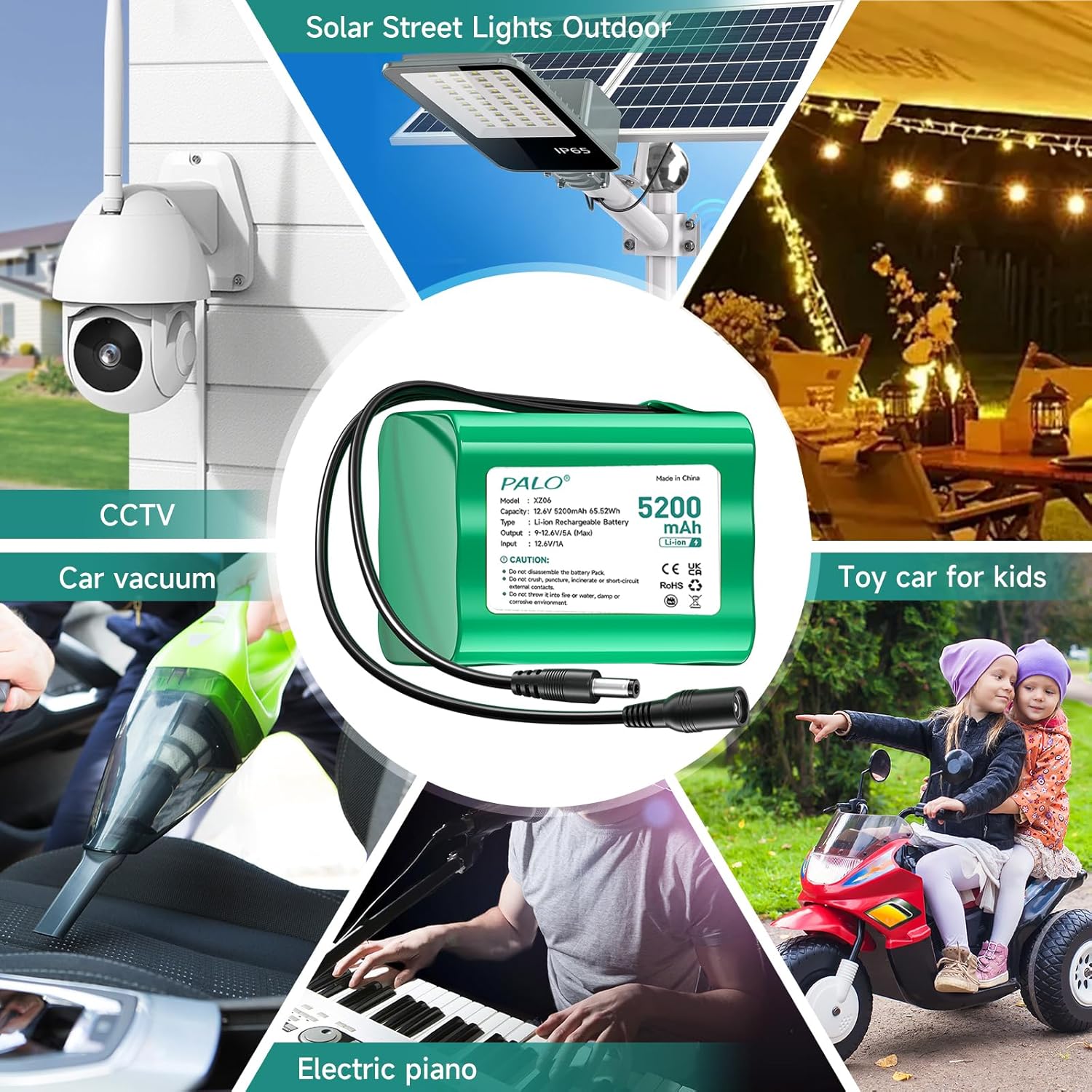 Collage of various devices powered by the Palogreen 12V battery pack, including a CCTV camera, solar street light, car vacuum, toy car, and electric piano.