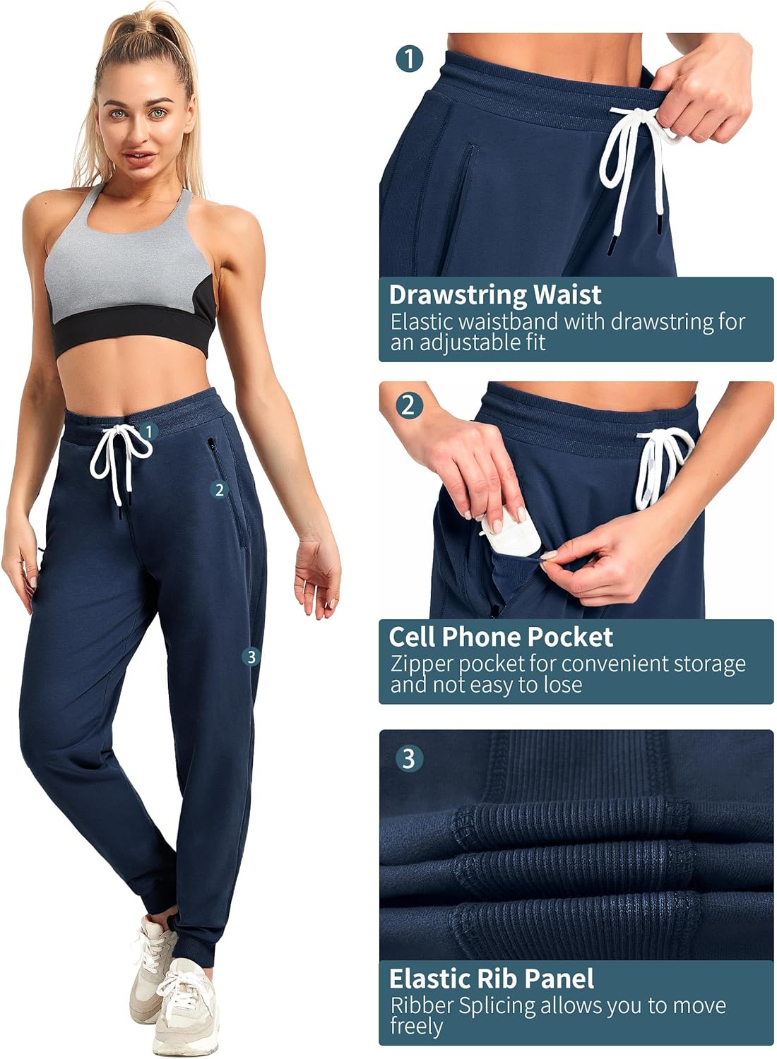 PULI Women Workout Sweatpants Cotton Jogger Ribber Splicing Lounge Sweat Pants with Zipper Pocket - Image 3