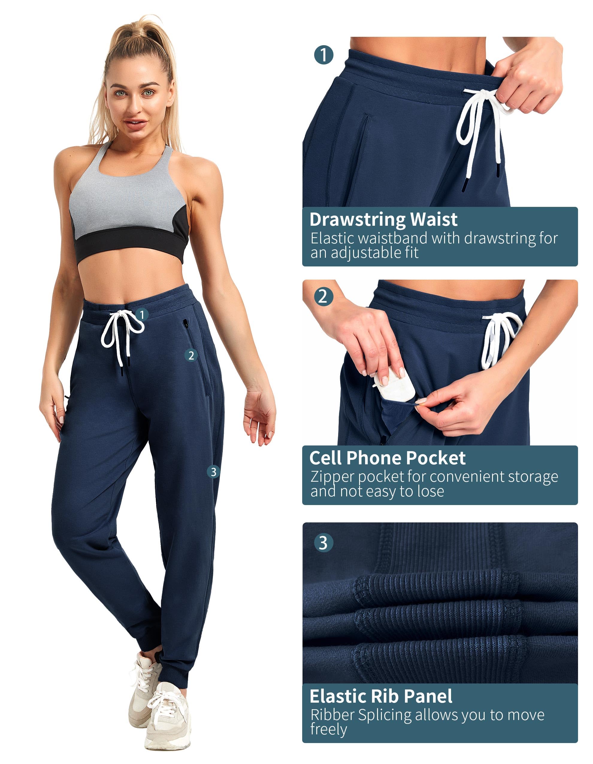 PULI Pantalon de jogging longueur cheville pour femme avec poches et cordon de serrage, Bleu marine, XL