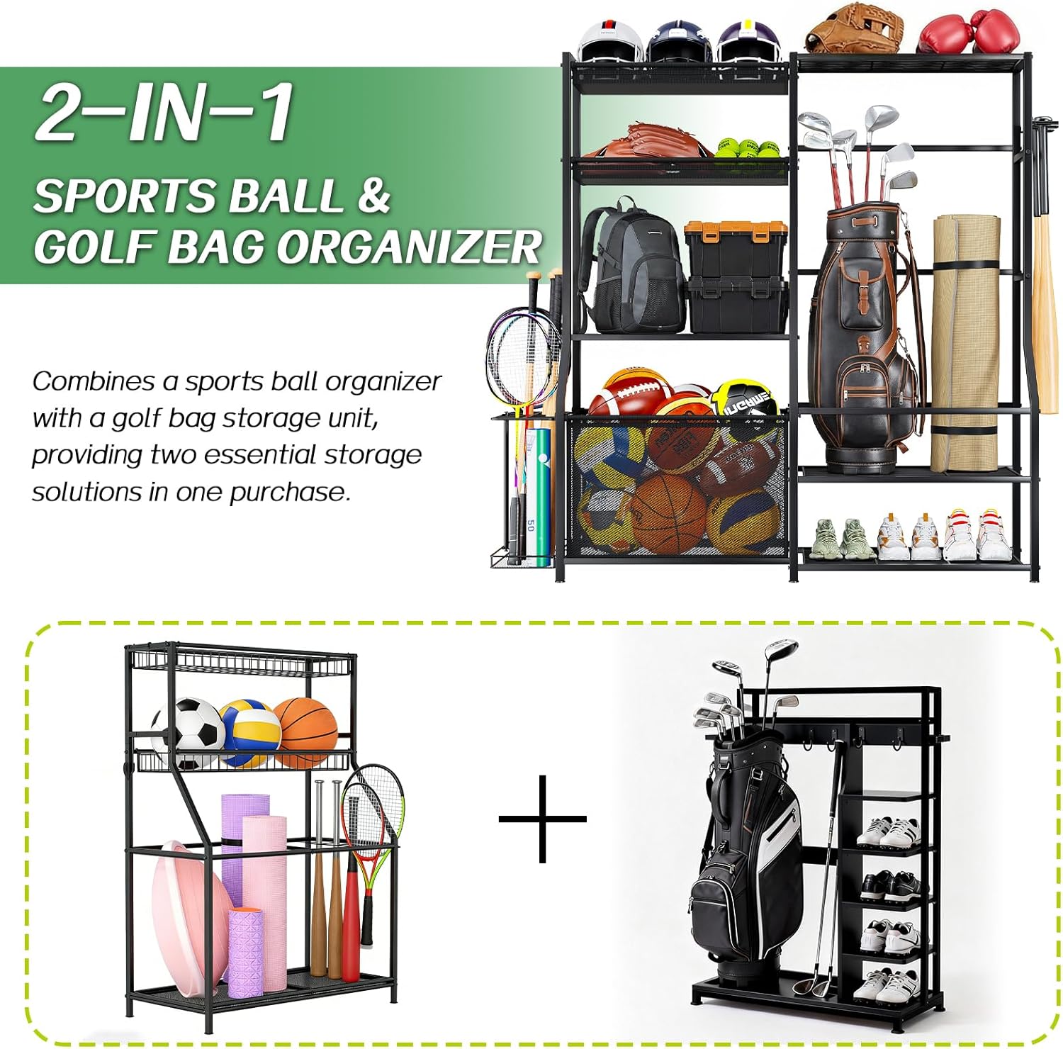 Large Sports Organizer for Garage, Ball Storage Rack Garage Sports Equipment Organizer with Side Racks, Baskets, Hooks, Multi-Purpose Golf Gear Storage for Gym Indoor Outdoor