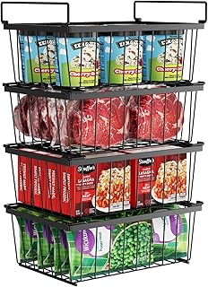 iSPECLE Freezer Organizer Bins - 4 Pack Stackable Deep Freezer Organizer Bins for 5 Cu.Ft Chest Freezer Easy Get Food from Bottom without Digging, Add Space Sort Store More Frozen Food, Black