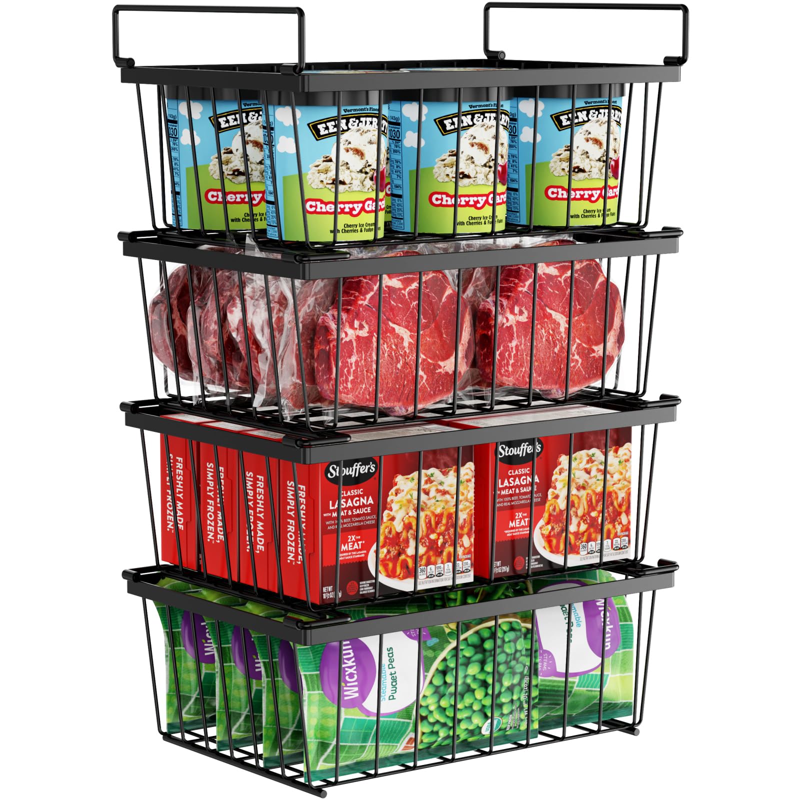 iSPECLE Freezer Organizer Bins - 4 Pack Stackable Deep Freezer Organizer Bins for 5 Cu.Ft Chest Freezer Easy Get Food from Bottom without Digging, Add Space Sort Store More Frozen Food, Black