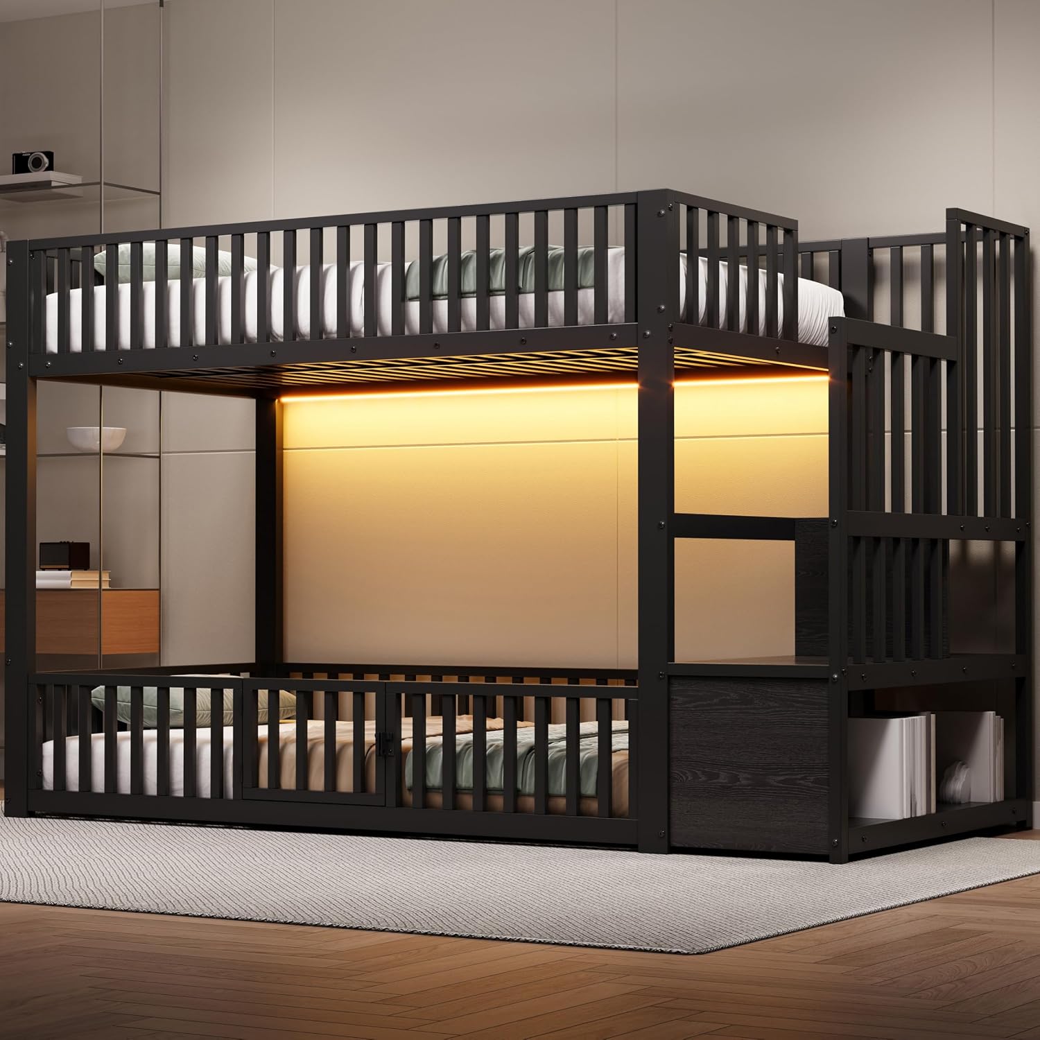 Children's Bed 90 x 200 cm with LED Lighting and Storage Ladder Loft Bed with Stairs Storage Space In The Lower Bed There Is A Small Door Bunk Bed Without Mattress Black 90 x 200 cm