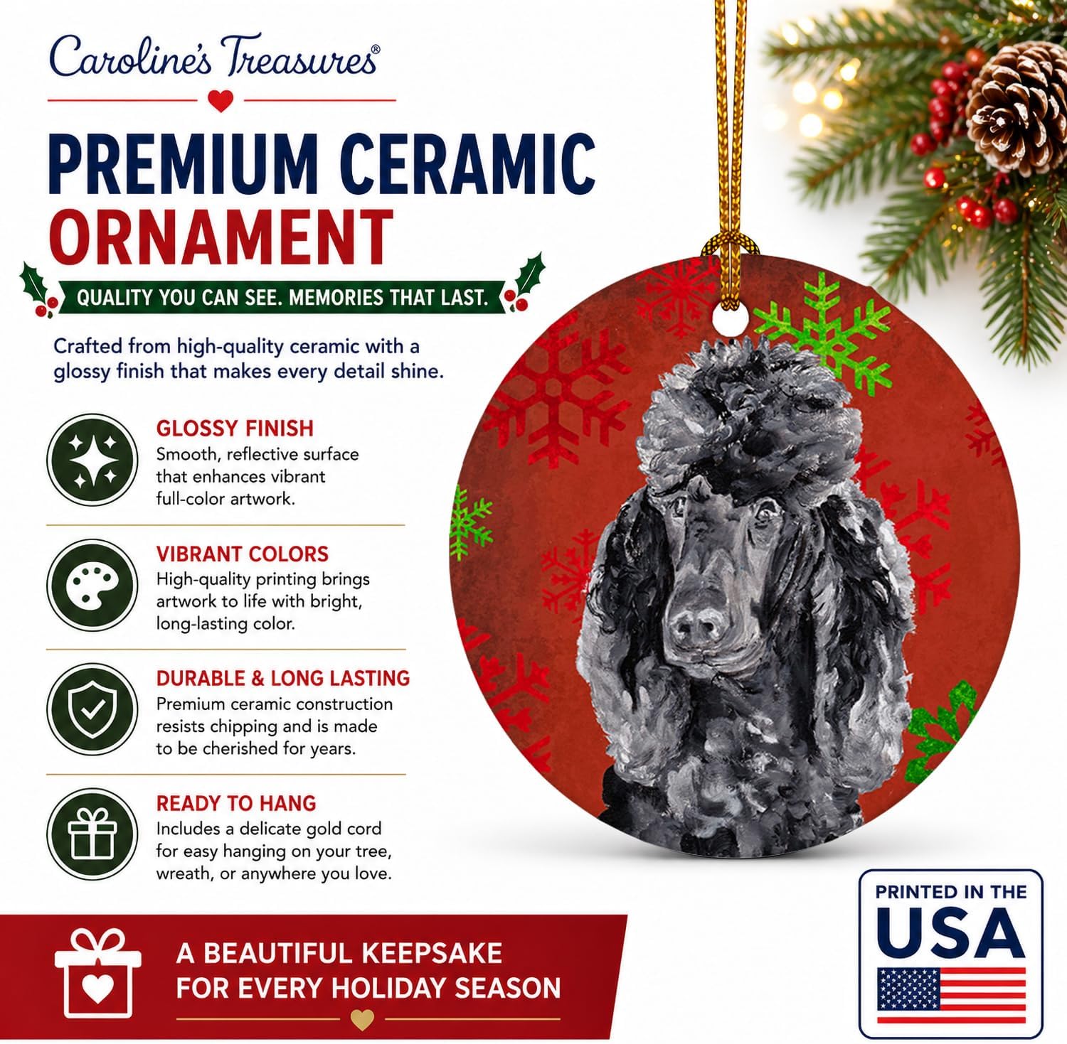 Caroline's Treasures Black Standard Poodle Red Snowflakes Holiday Ceramic Ornament Christmas Tree Hanging Decorations for Home Christmas Holiday, Party, Gift, 3 in, Multicolor image 2